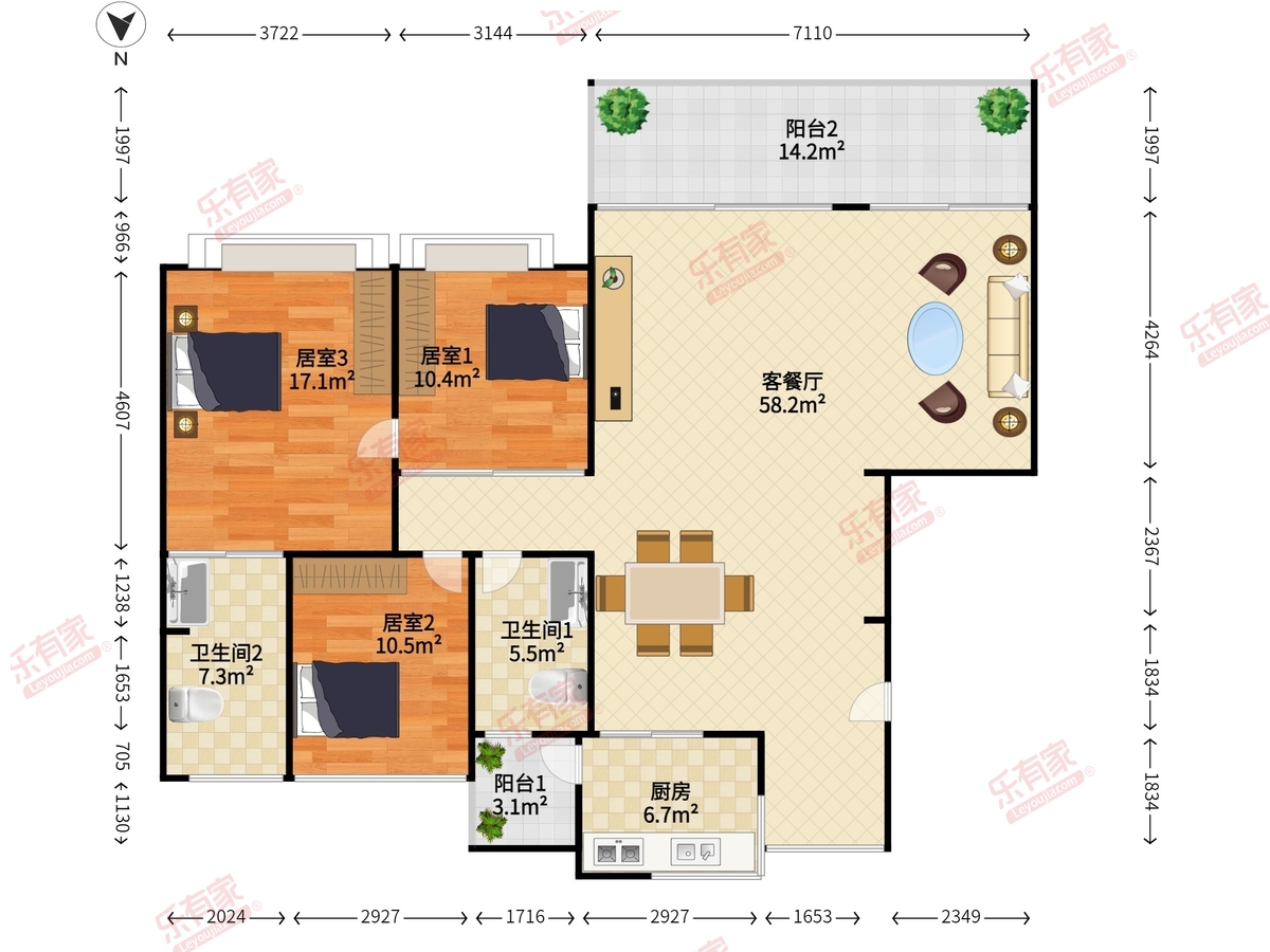 天健现代城花园 4房2厅2卫 128.95㎡