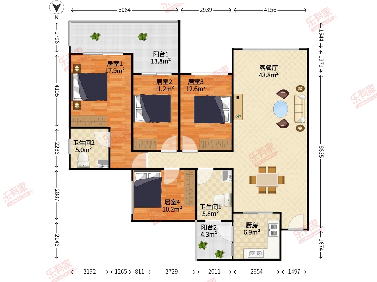 诺德假日花园 4房2厅2卫 145.51㎡