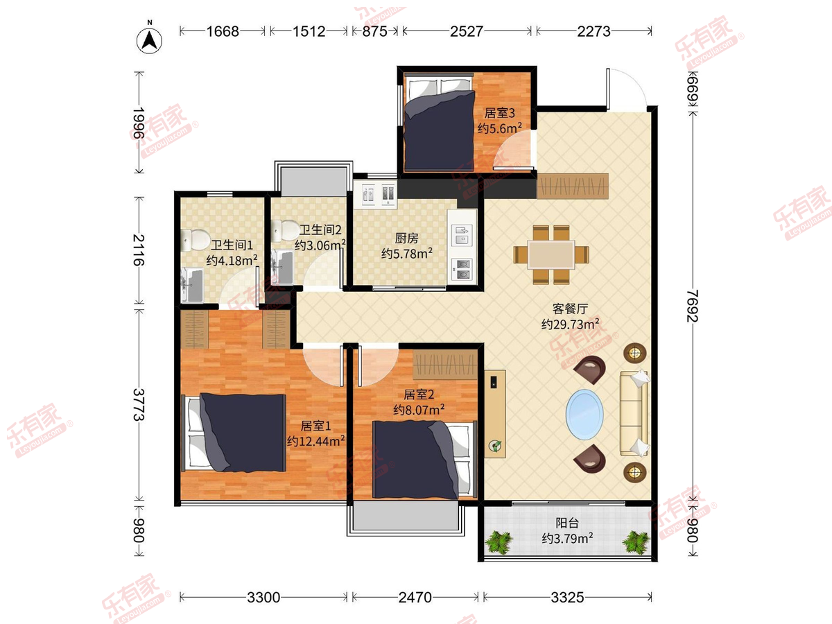华晖瑞禧家园 3室2厅2卫1厨1阳 100.44 南
