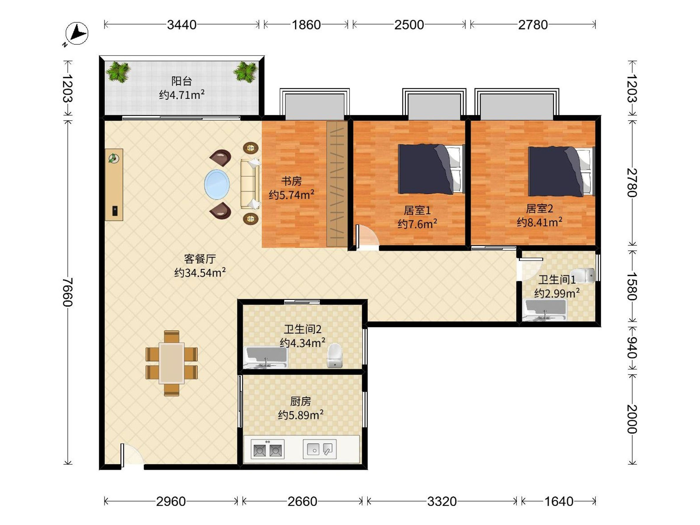 绿景白石洲璟庭 3室2厅2卫1厨1阳 110.0 南