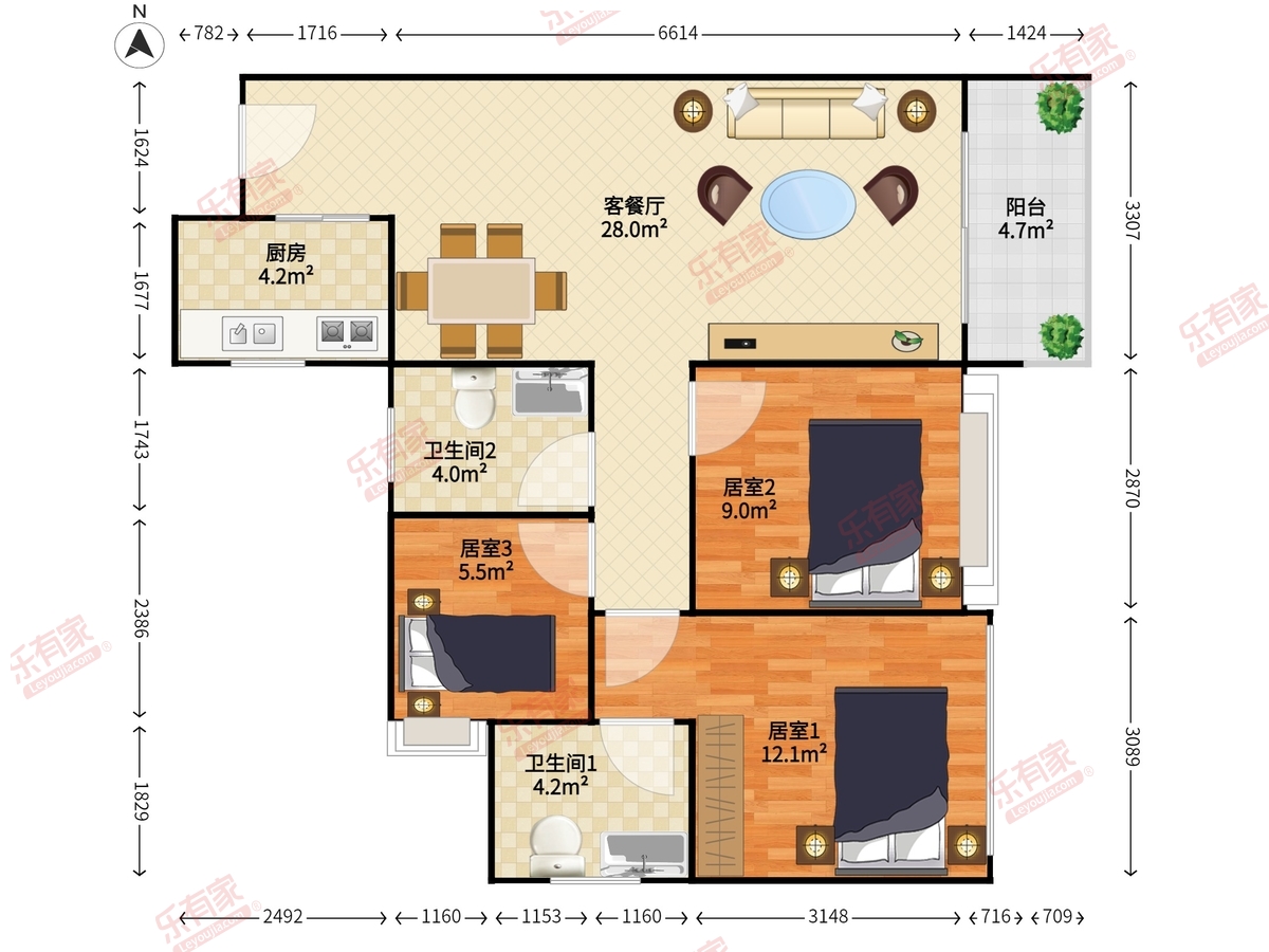 博林君瑞 3房2厅2卫 88.03㎡