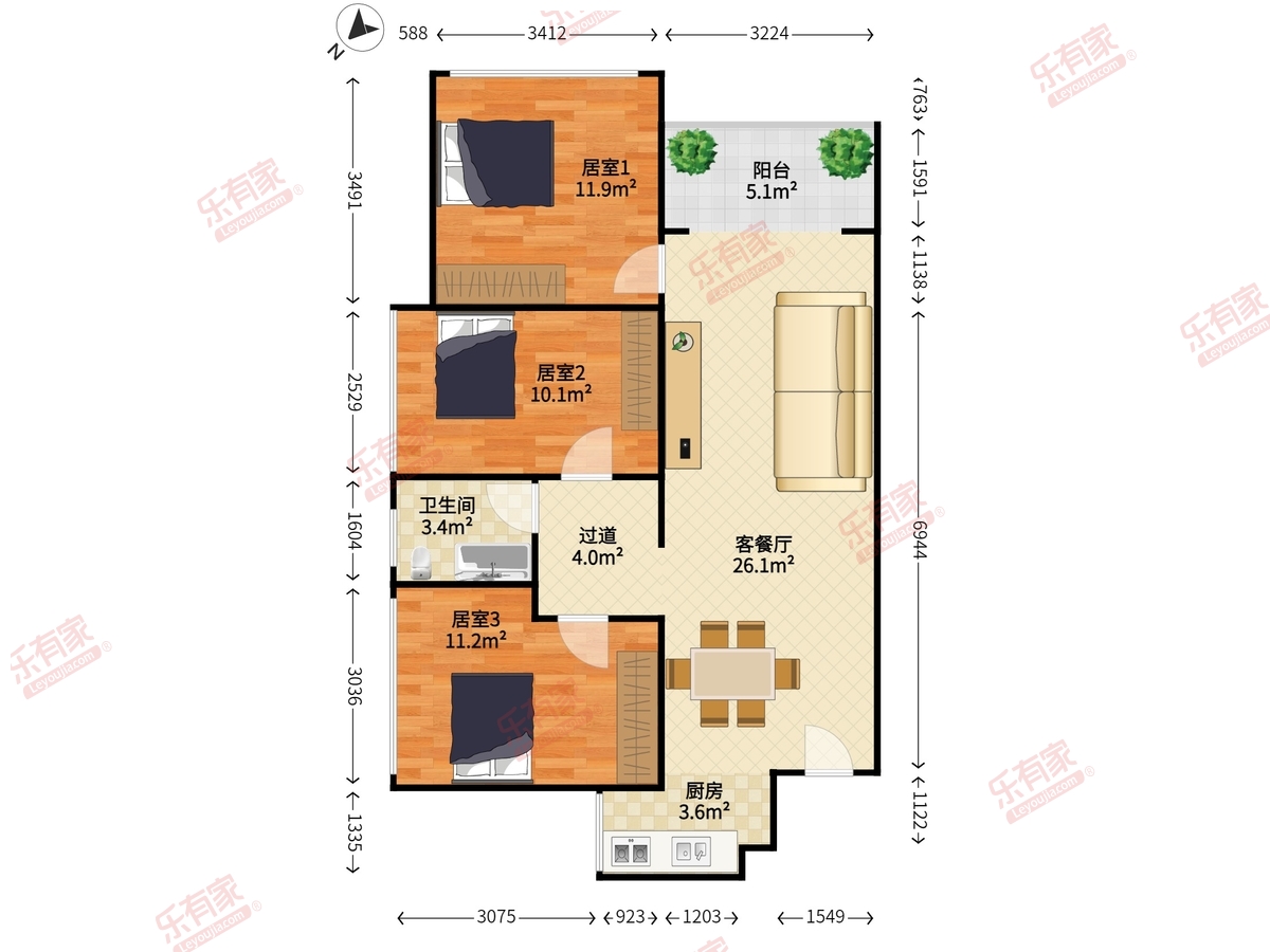 东关·乐尚林居 3房2厅1卫 83㎡