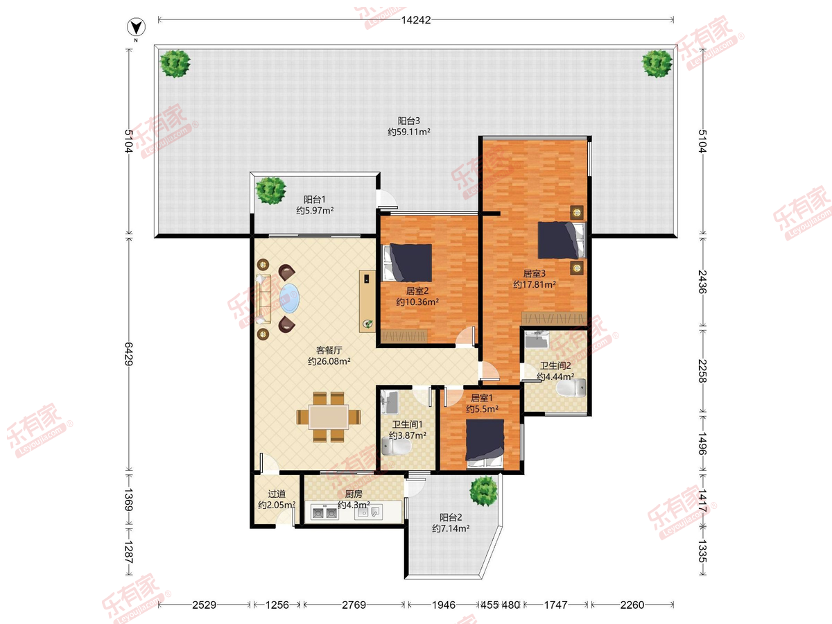 颐安都会中央二期 3房2厅2卫 84.7㎡