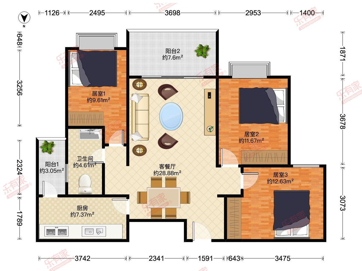 文信朗庭 3室2厅1卫1厨2阳 94.34 南