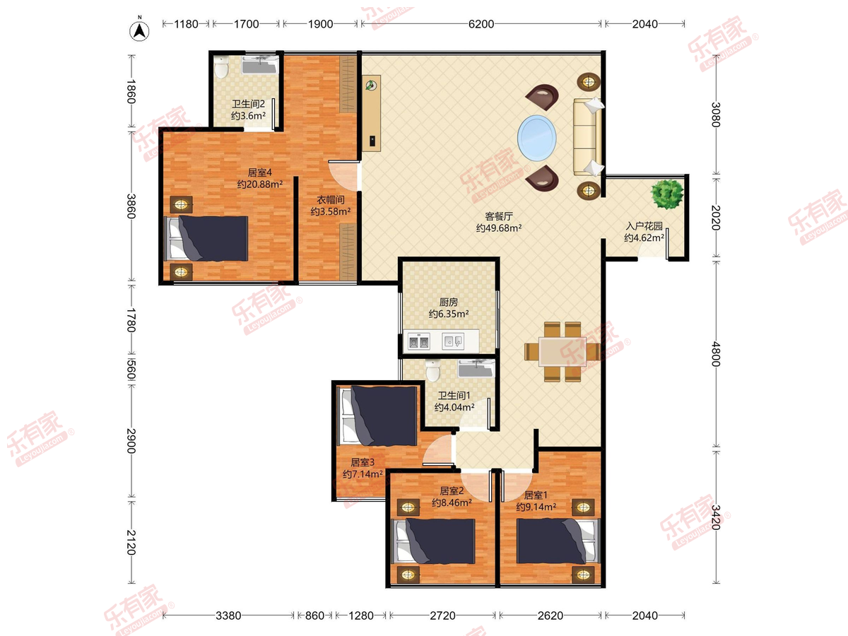 金领假日公寓 4房2厅2卫 174.57㎡