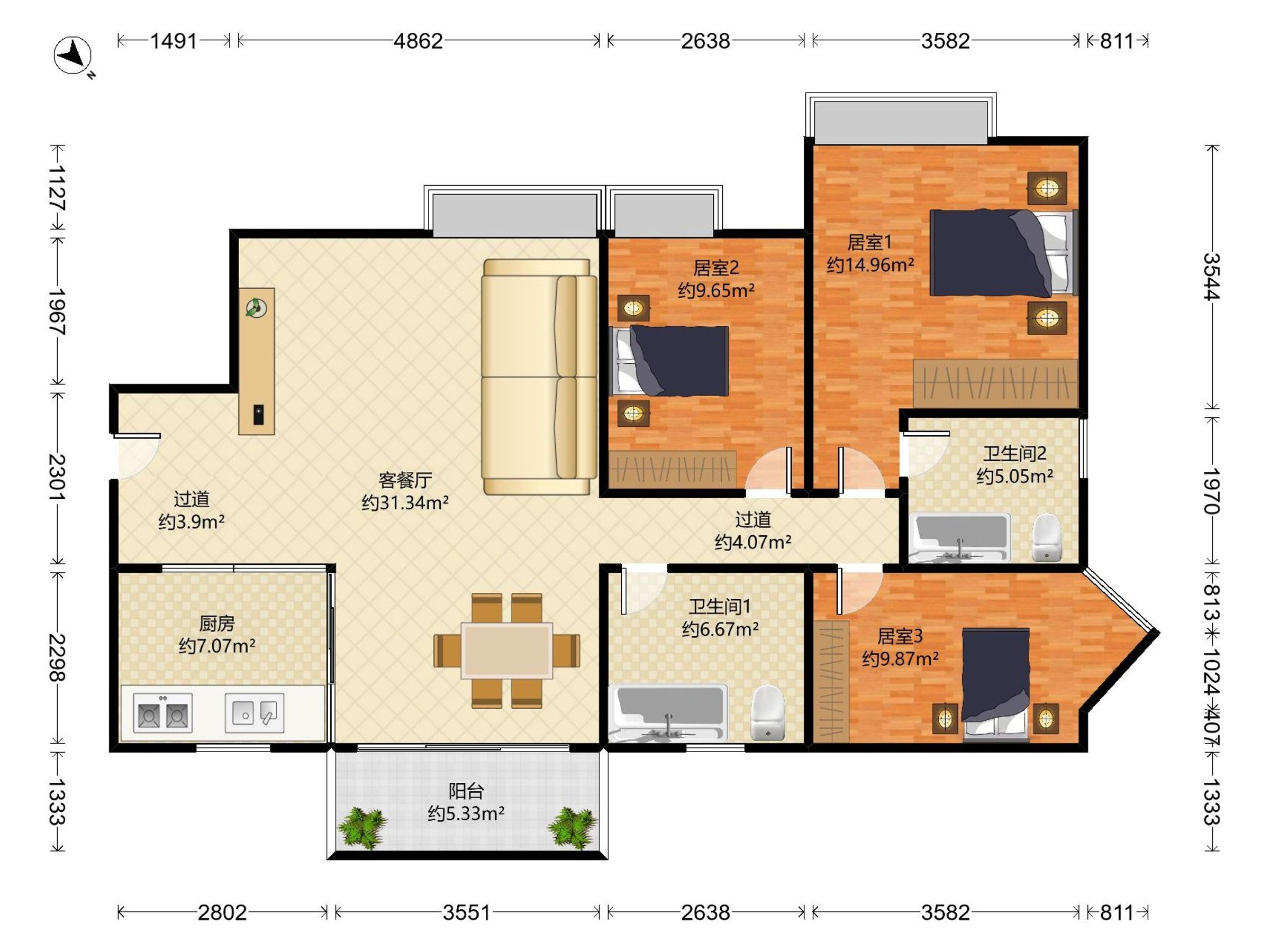 现代城华庭 3房2厅2卫 105.98㎡