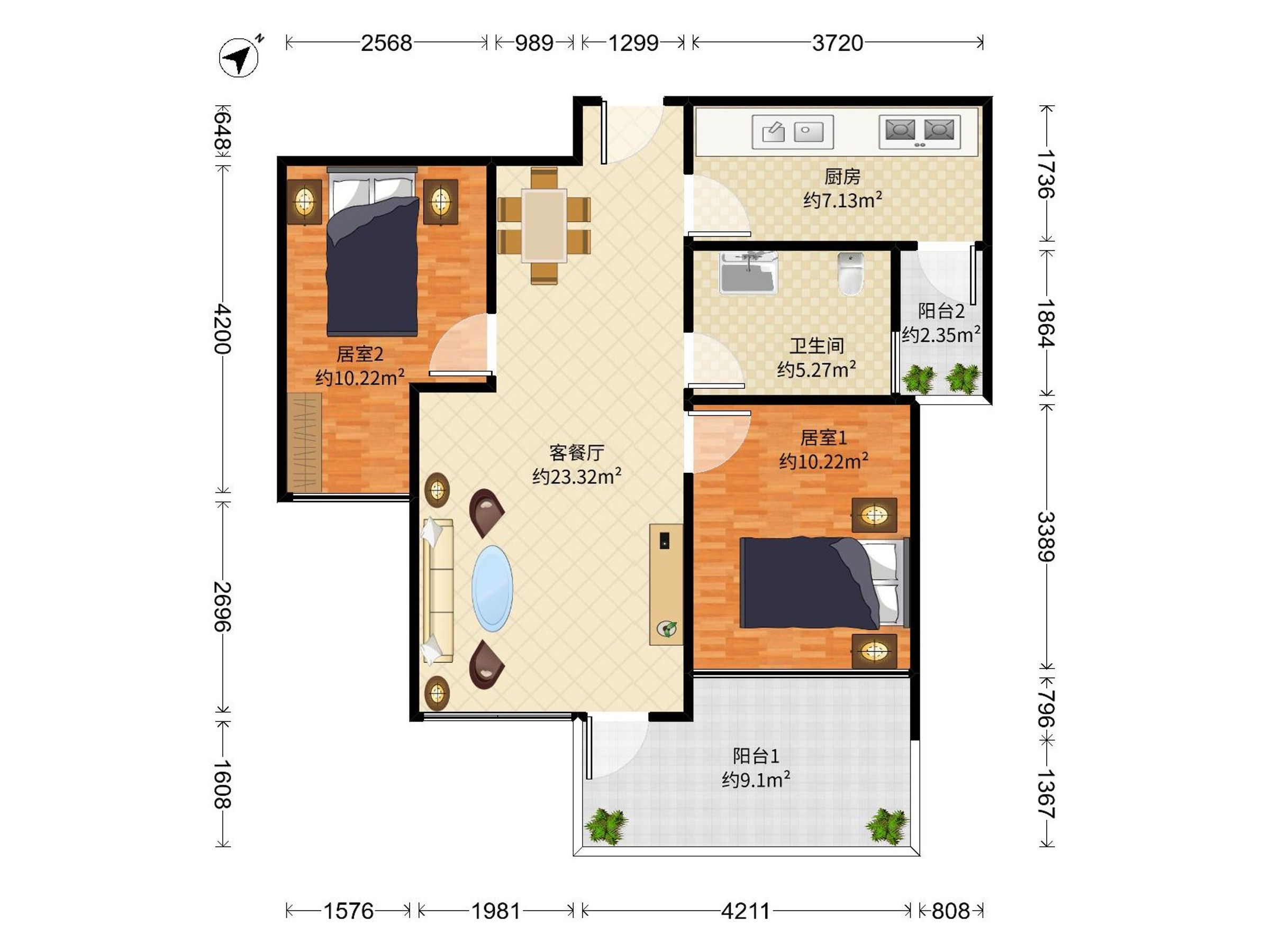宜城风景花园 2房2厅1卫 67.71㎡