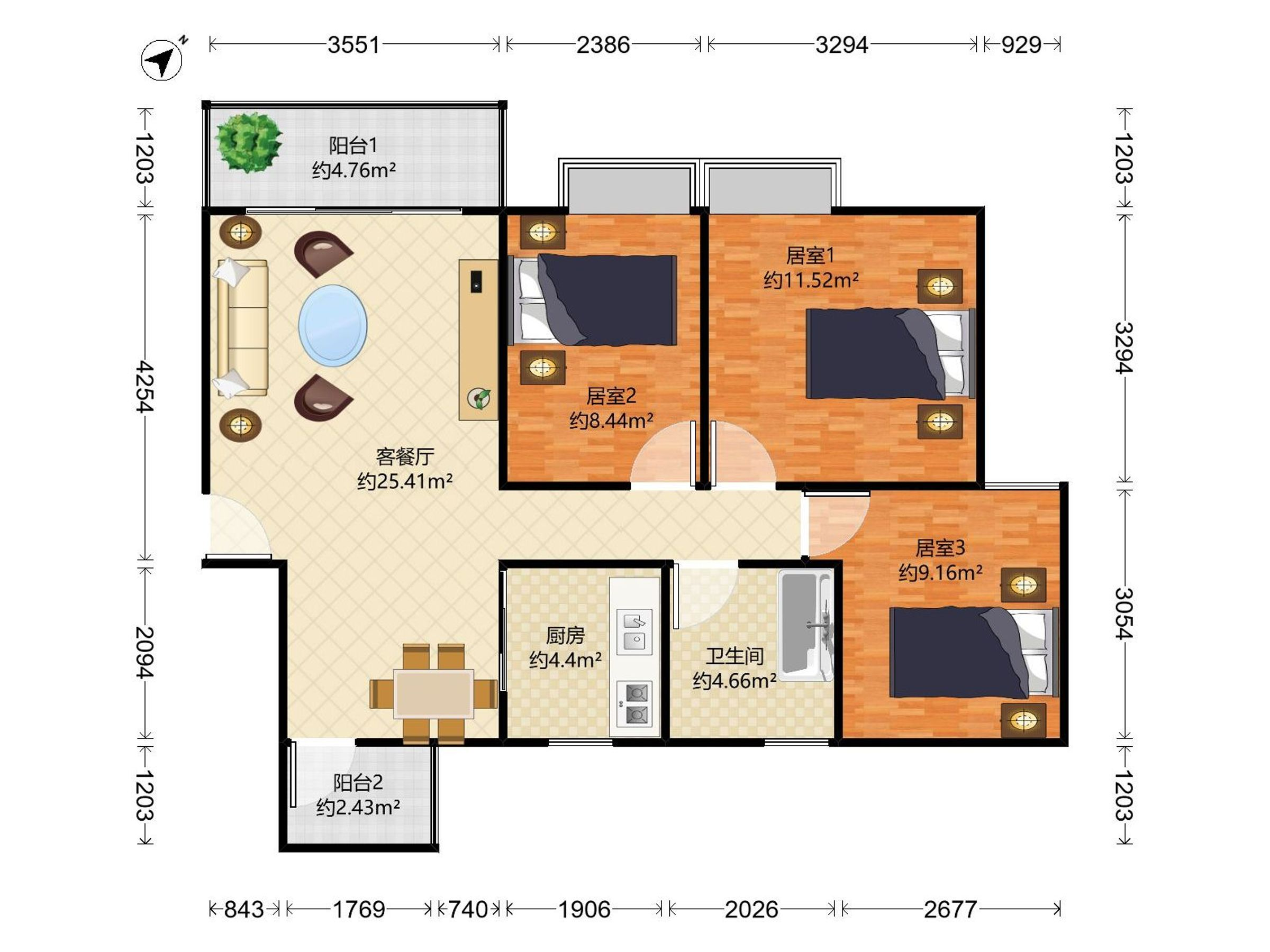 客厅出阳台，视野开阔，采光、通风不错，适宜居住，桃源村三期