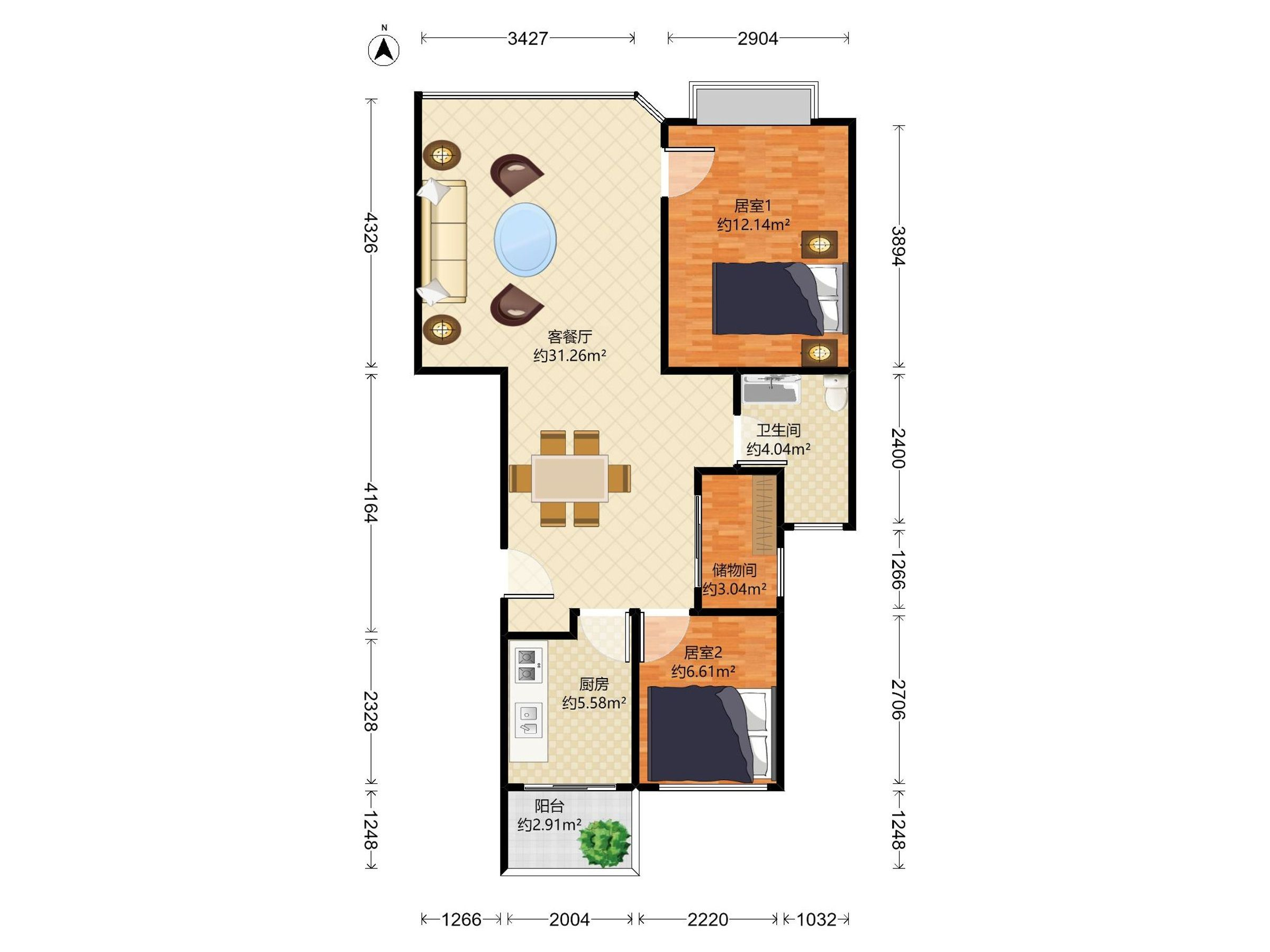 户型方正，通风采光好，整体使用率很高，适宜居家