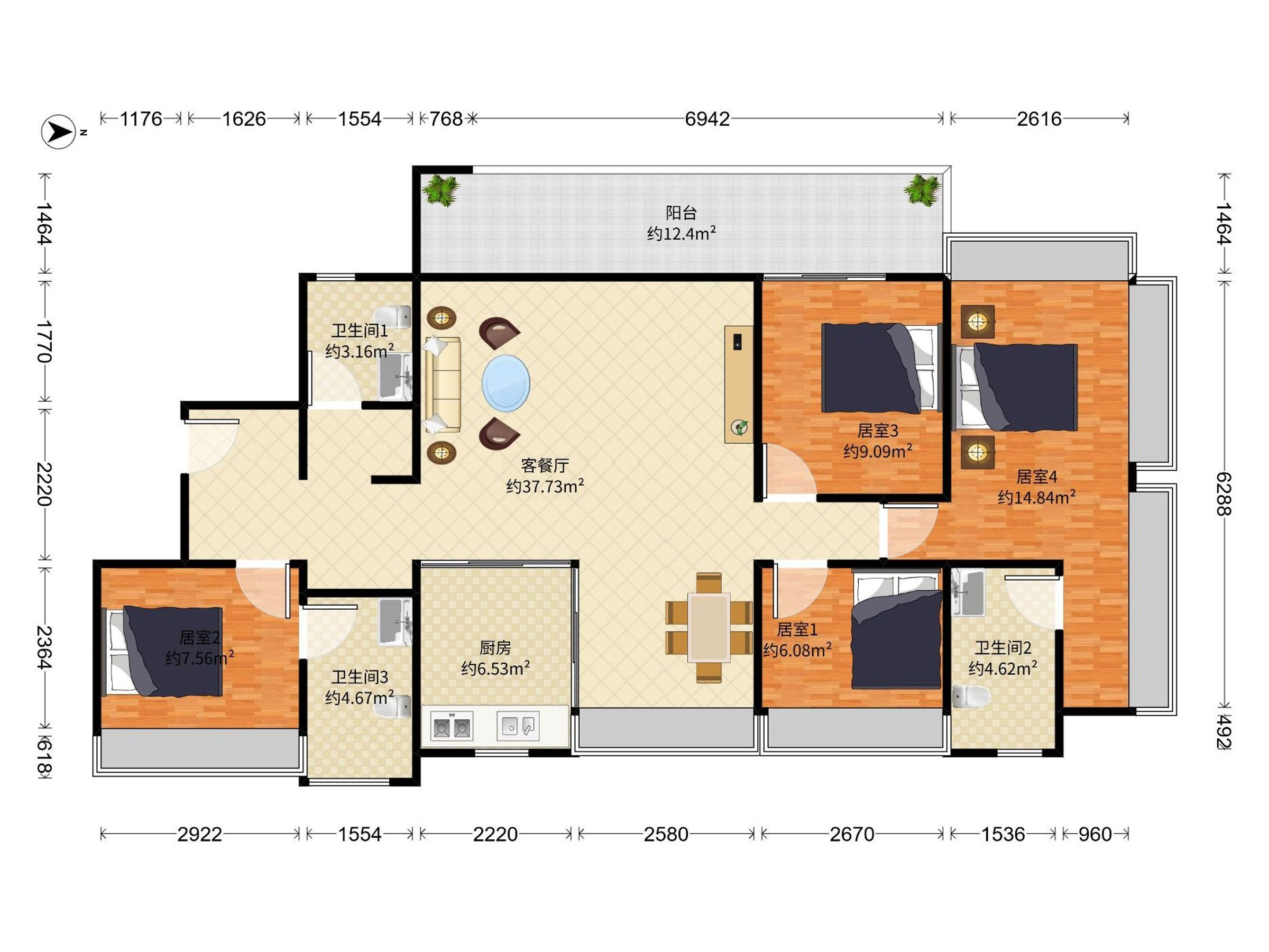 乐宸花园 4室2厅3卫1厨1阳 133.0 南