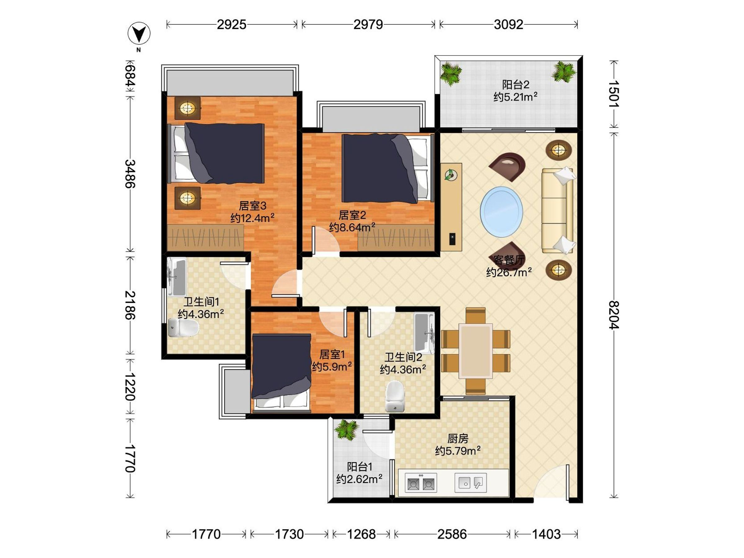 悦珑湾花园 3房2厅2卫 95.34㎡