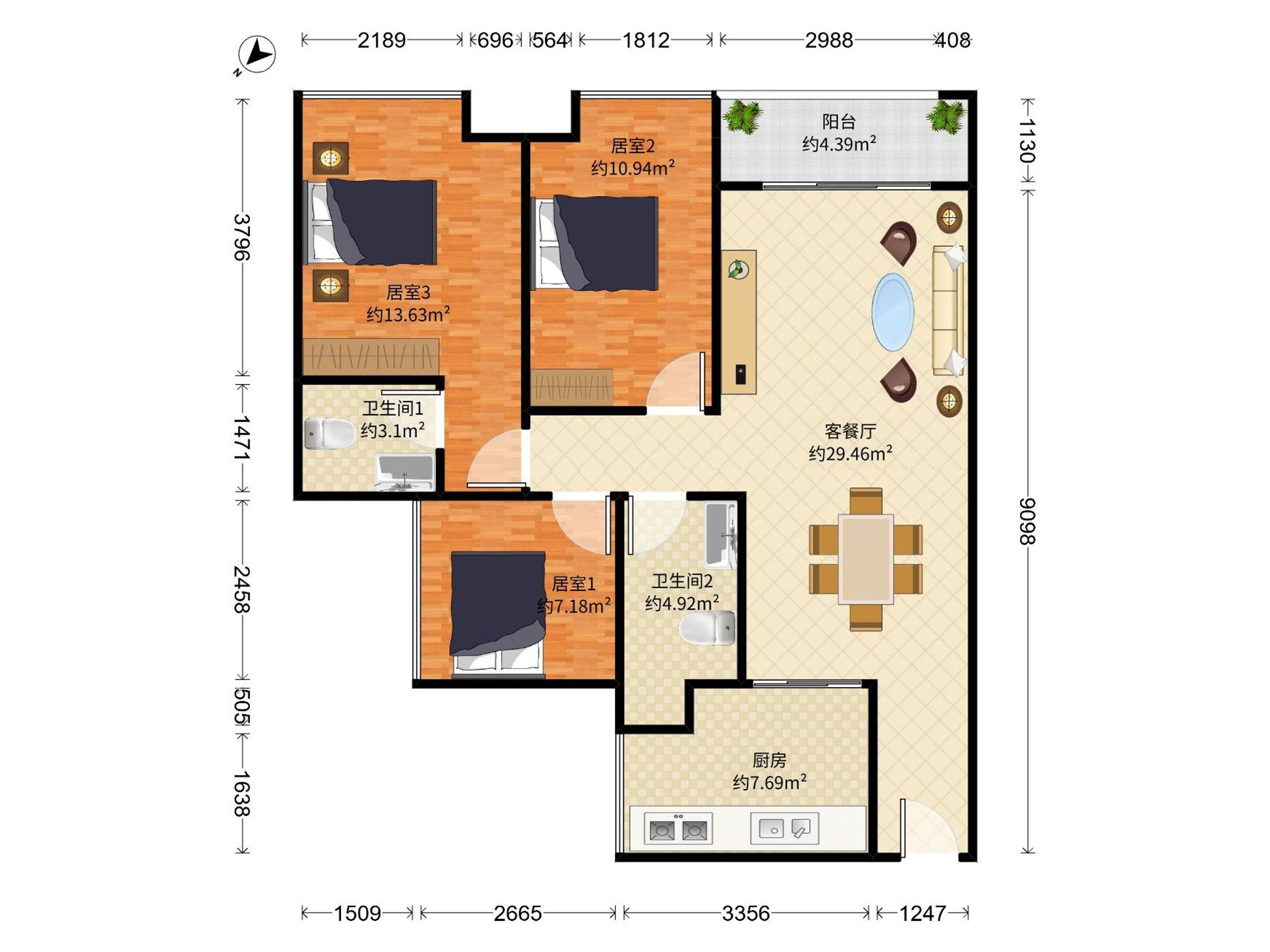 金地龙城中央 3房2厅2卫 88.89㎡
