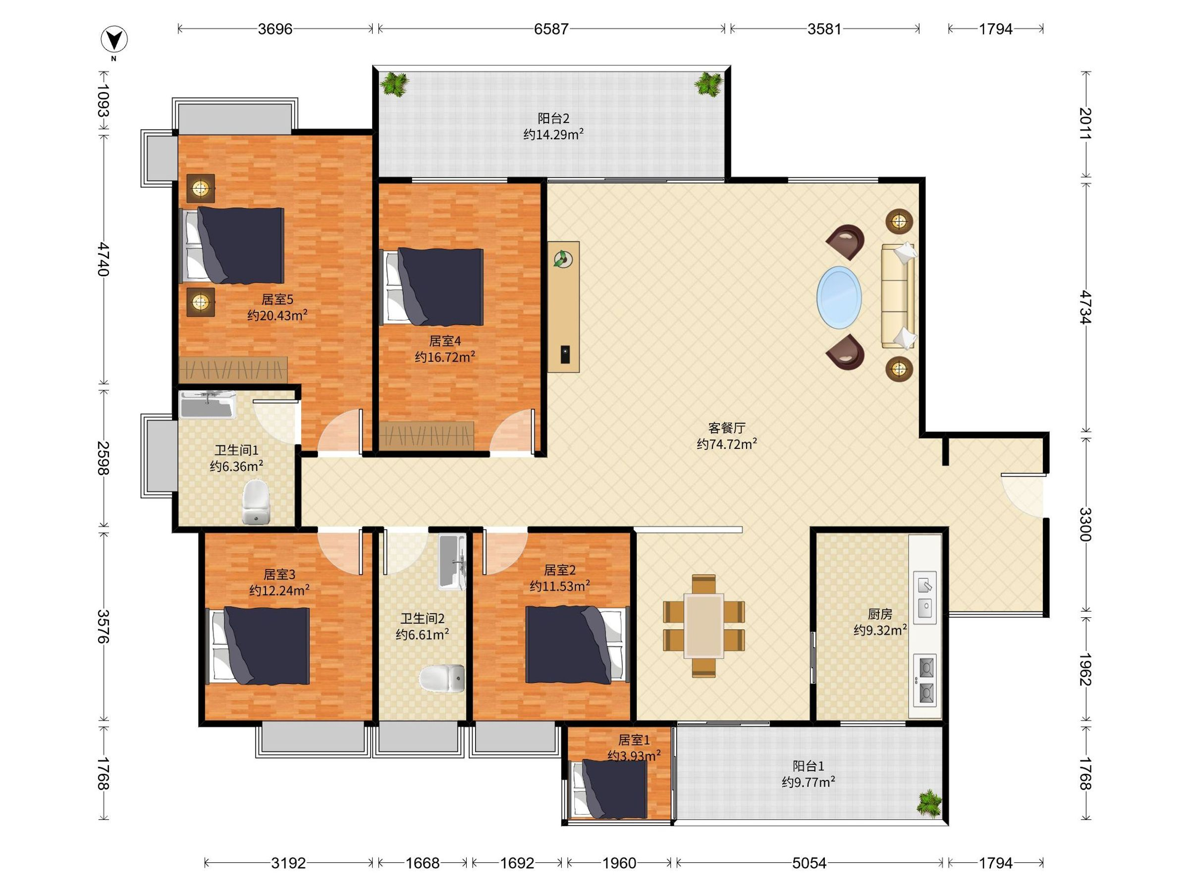 家和盛世花园 5房2厅2卫 74㎡