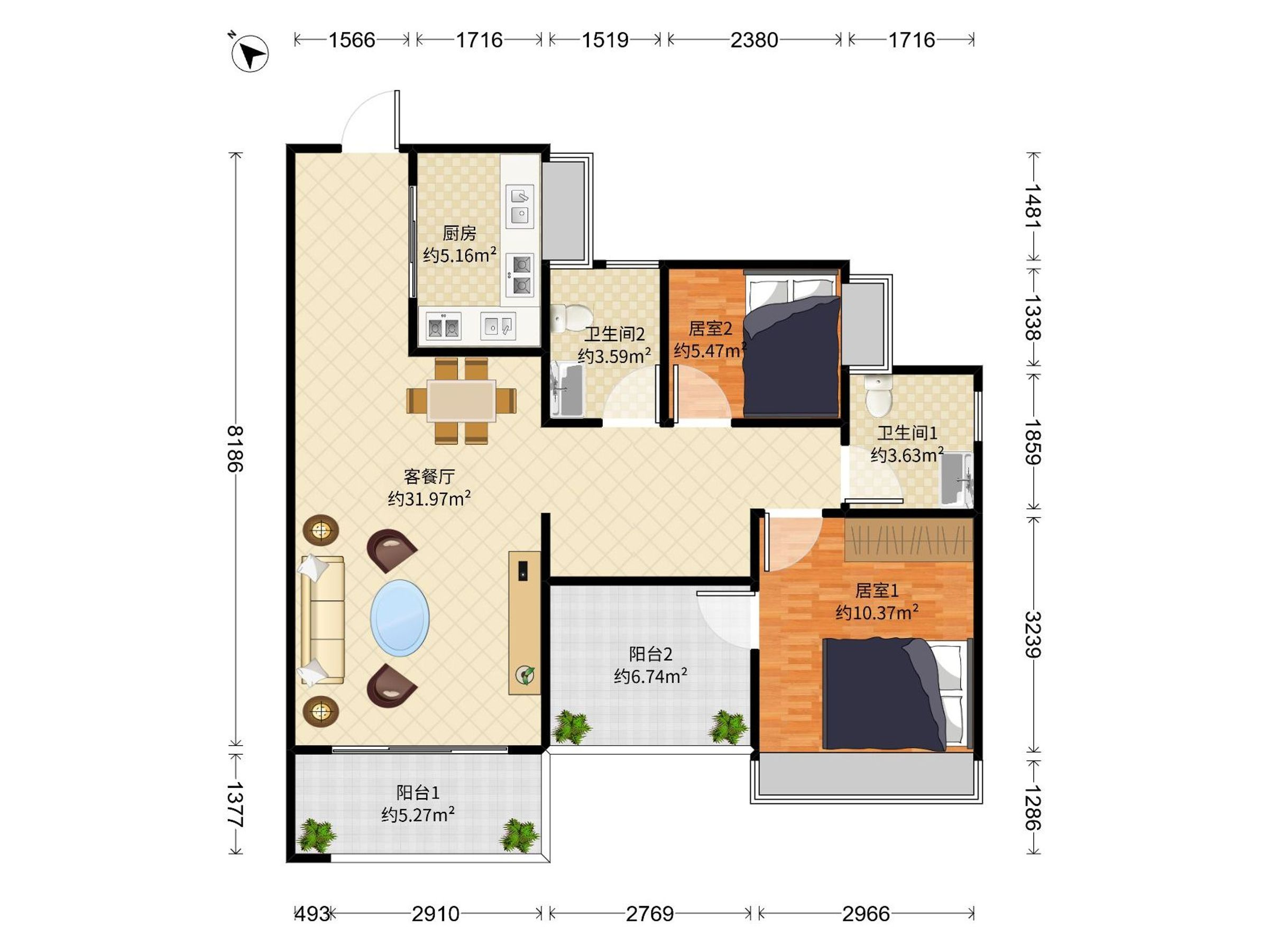 荷棠里 2房2厅2卫 88.85㎡