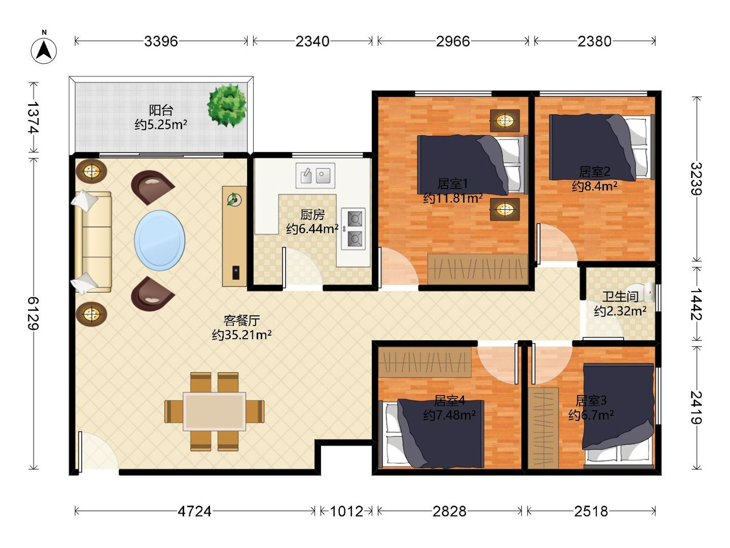 星辰花苑 4房2厅1卫 103.16㎡
