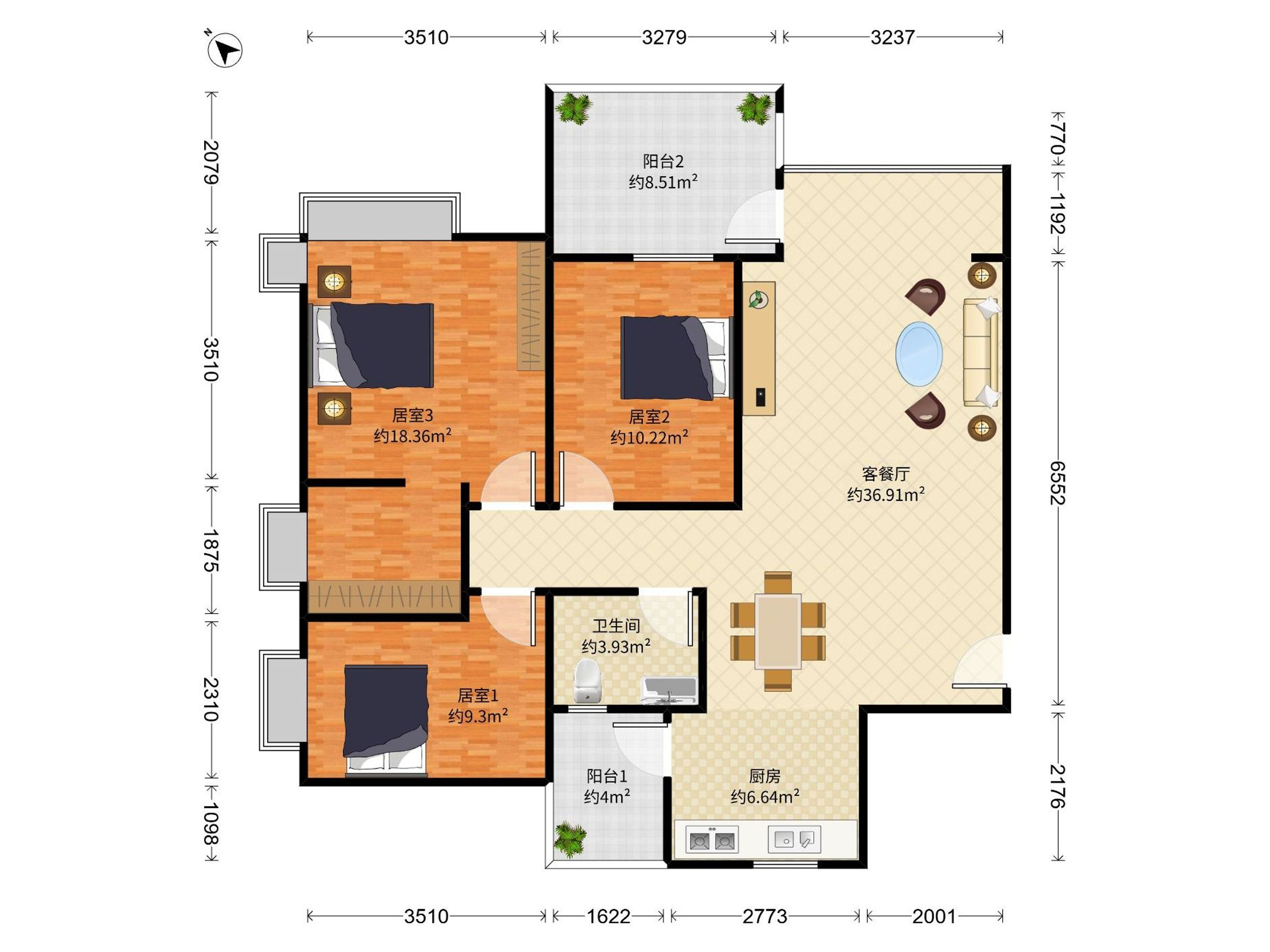 美墅蓝山家园 3房2厅1卫 102.05㎡