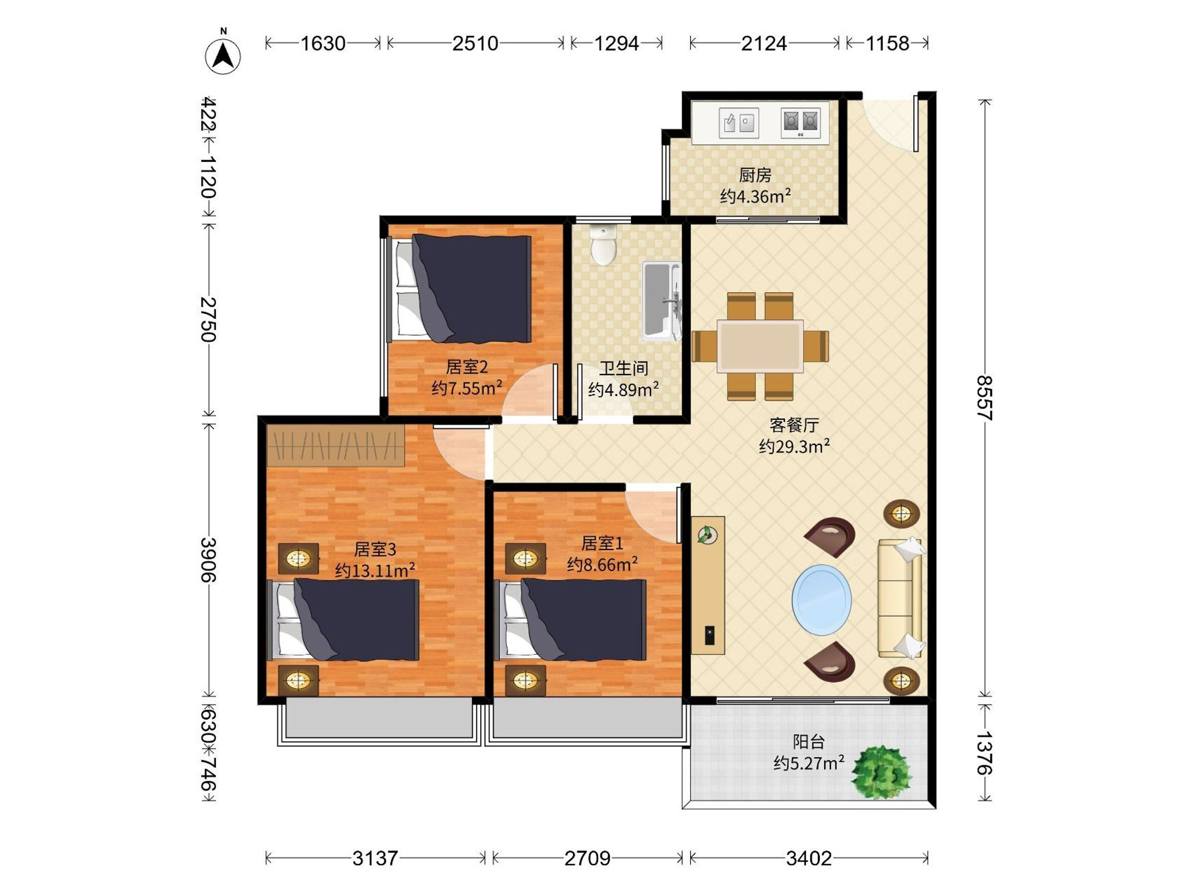 鑫源名筑花园（壹城中心） 3房2厅1卫 88㎡