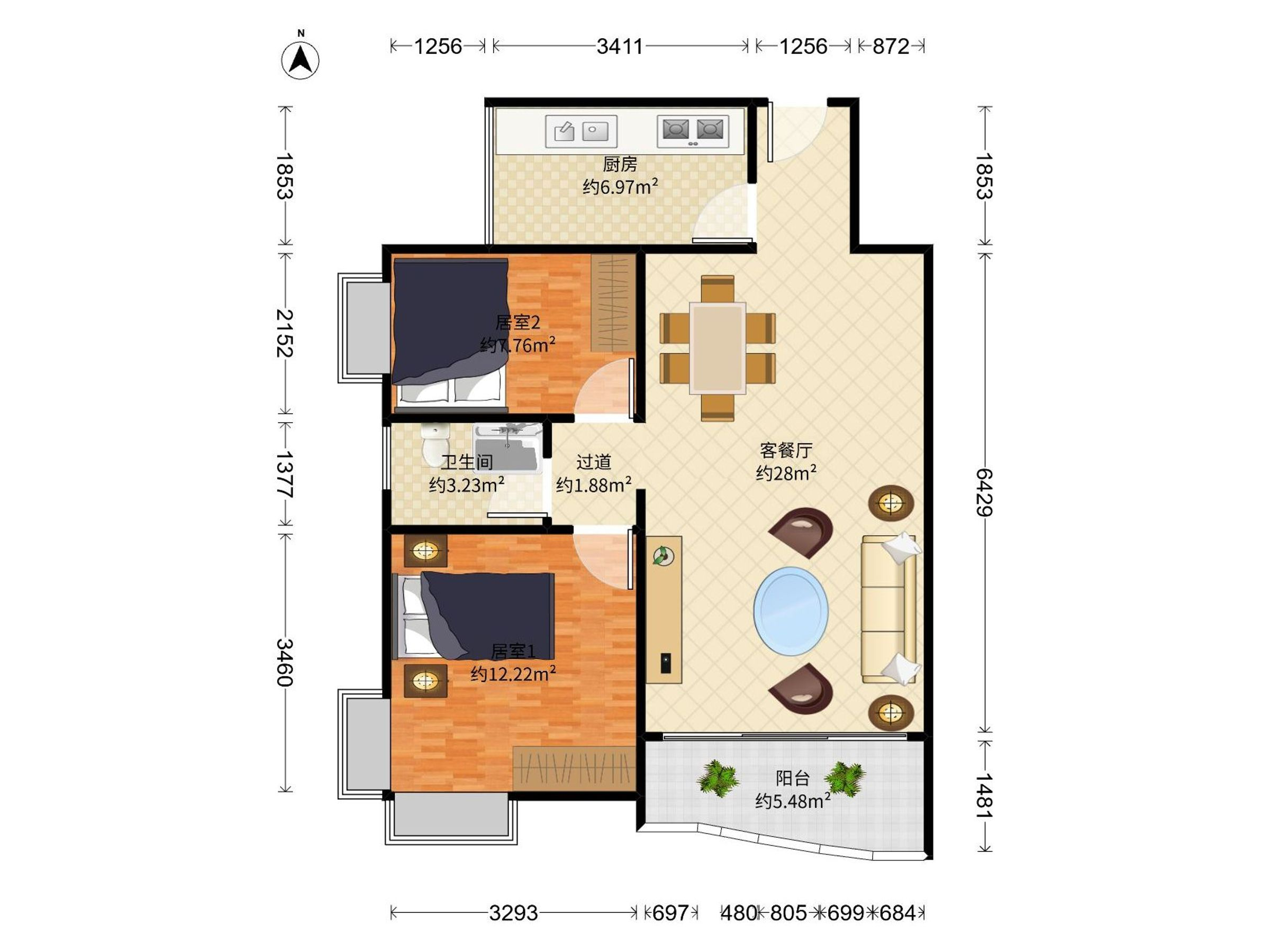 林海山庄 2房2厅1卫 77.28㎡