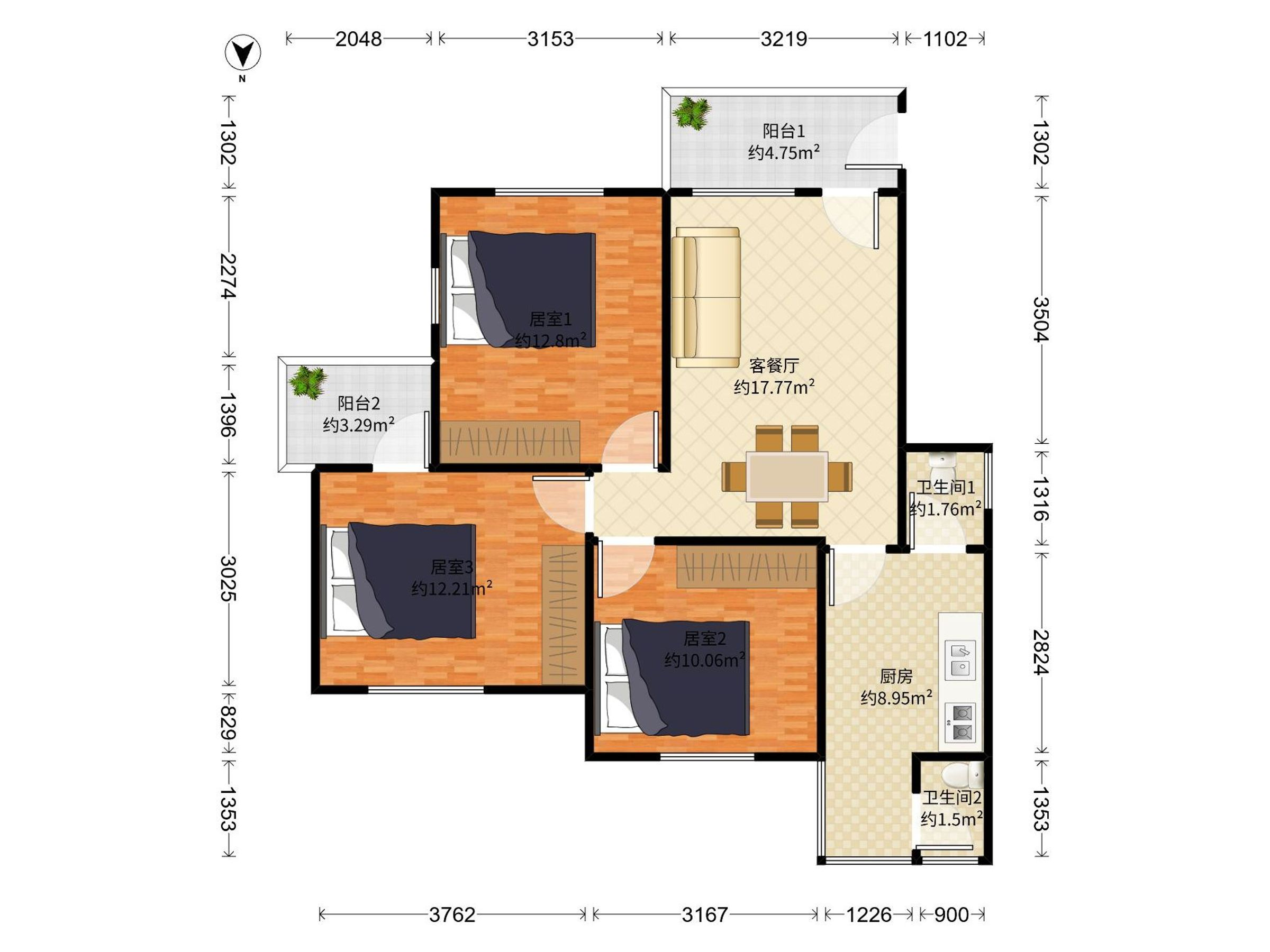 步行街附近的3房