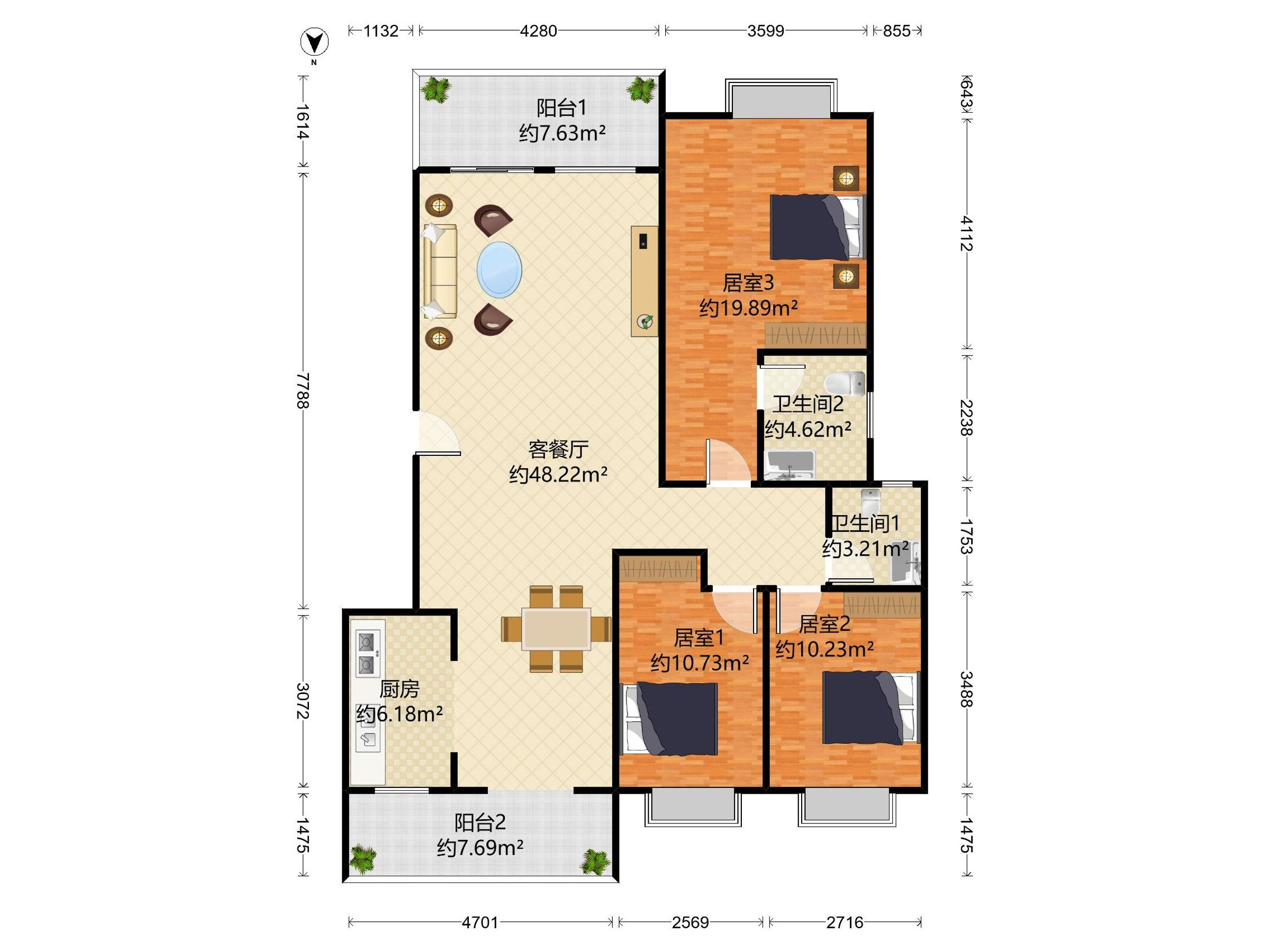 东方沁园 3房2厅2卫 127.84㎡