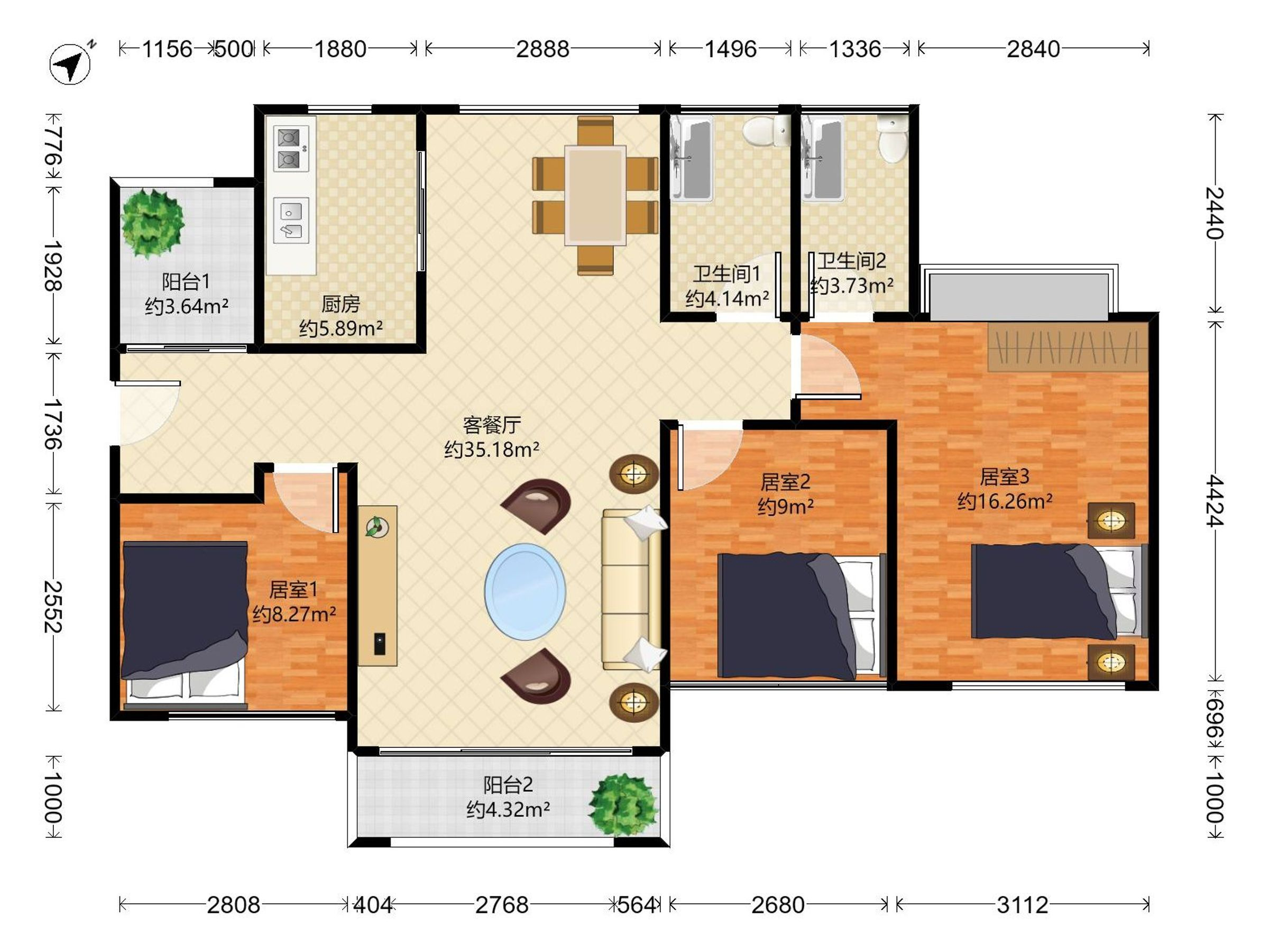岭宏健康家园 3房2厅2卫 86.16㎡