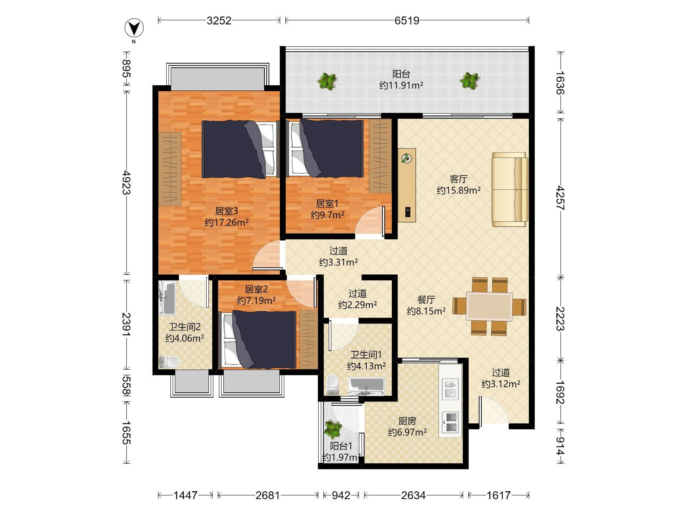 1栋景观好，118.77平大三房。精装