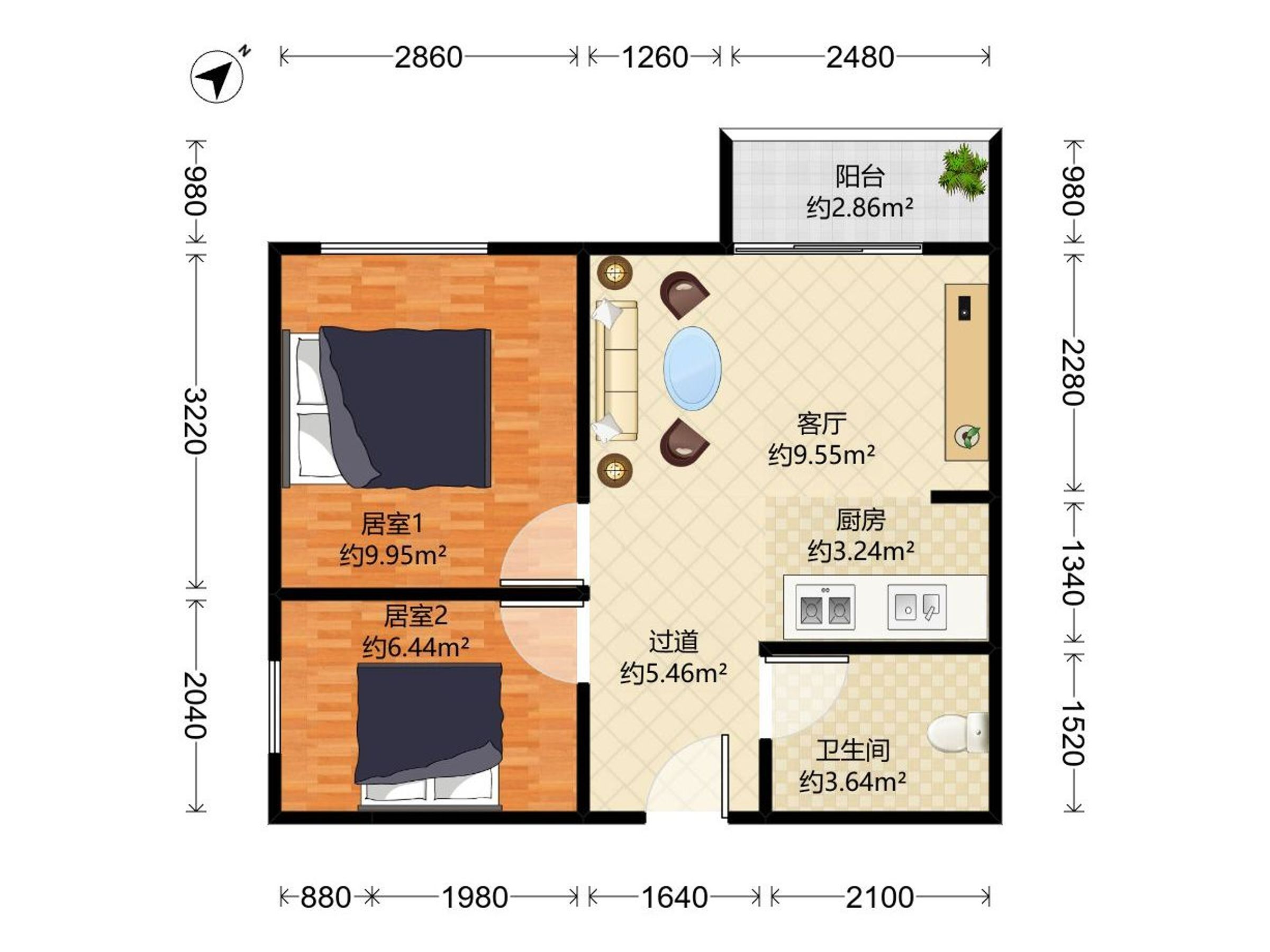 TATA公寓 2房1厅1卫 55.3㎡