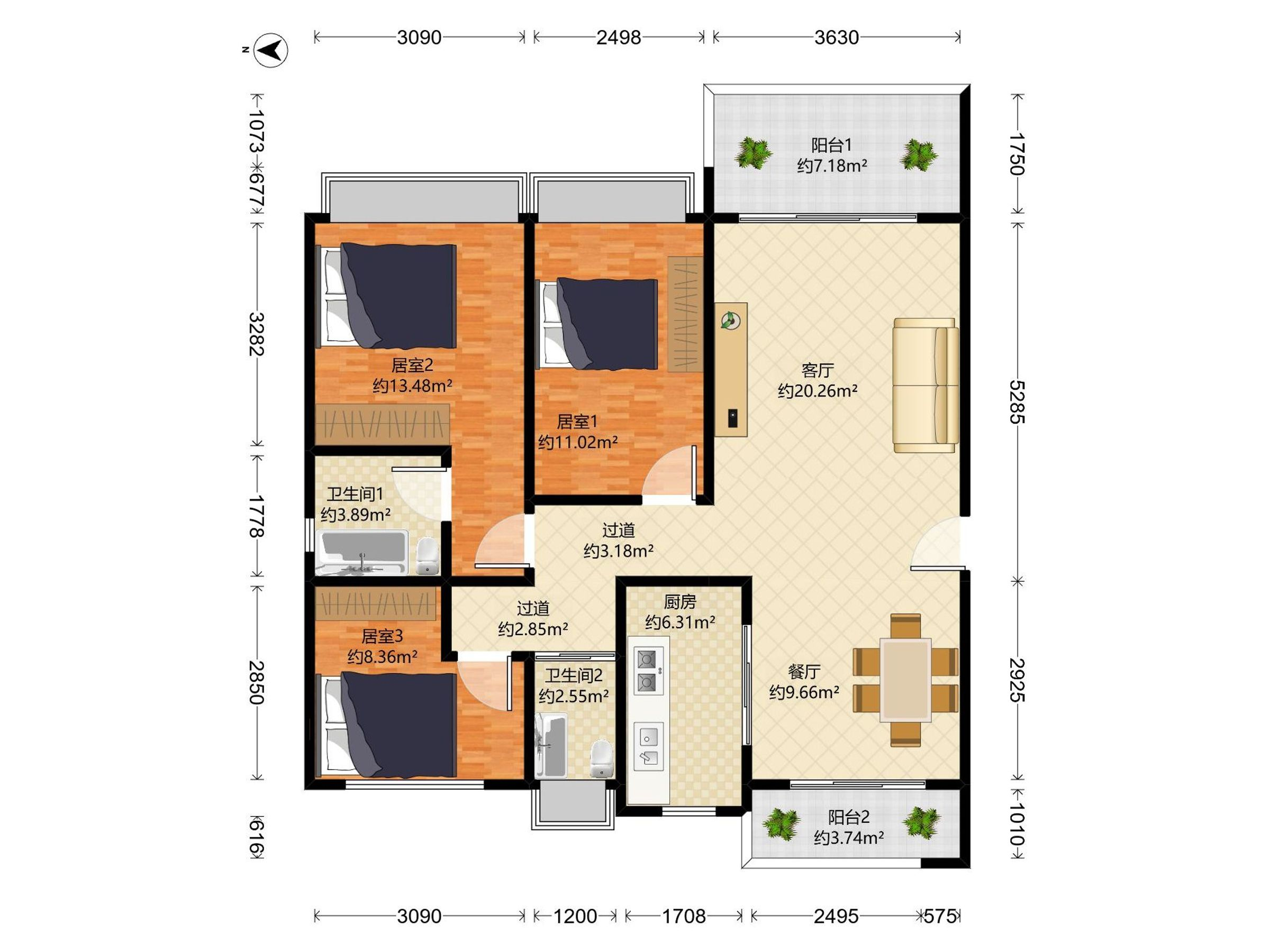 凤凰花园 3房2厅2卫 121㎡