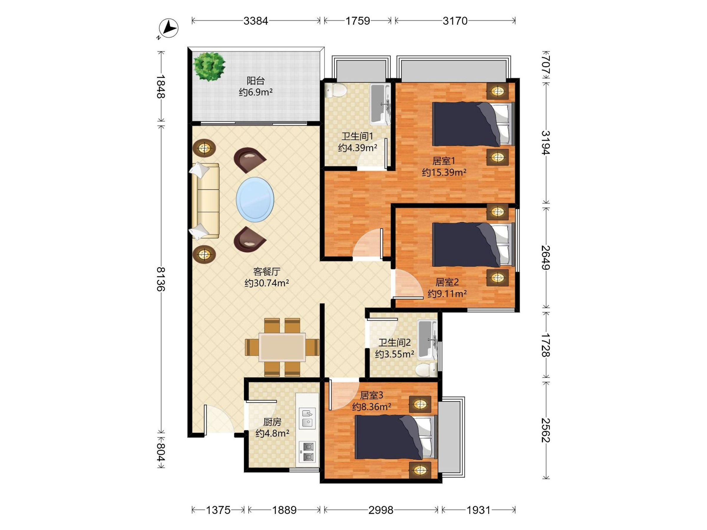 卓越东部蔚蓝海岸花园五期 3房2厅2卫 101㎡