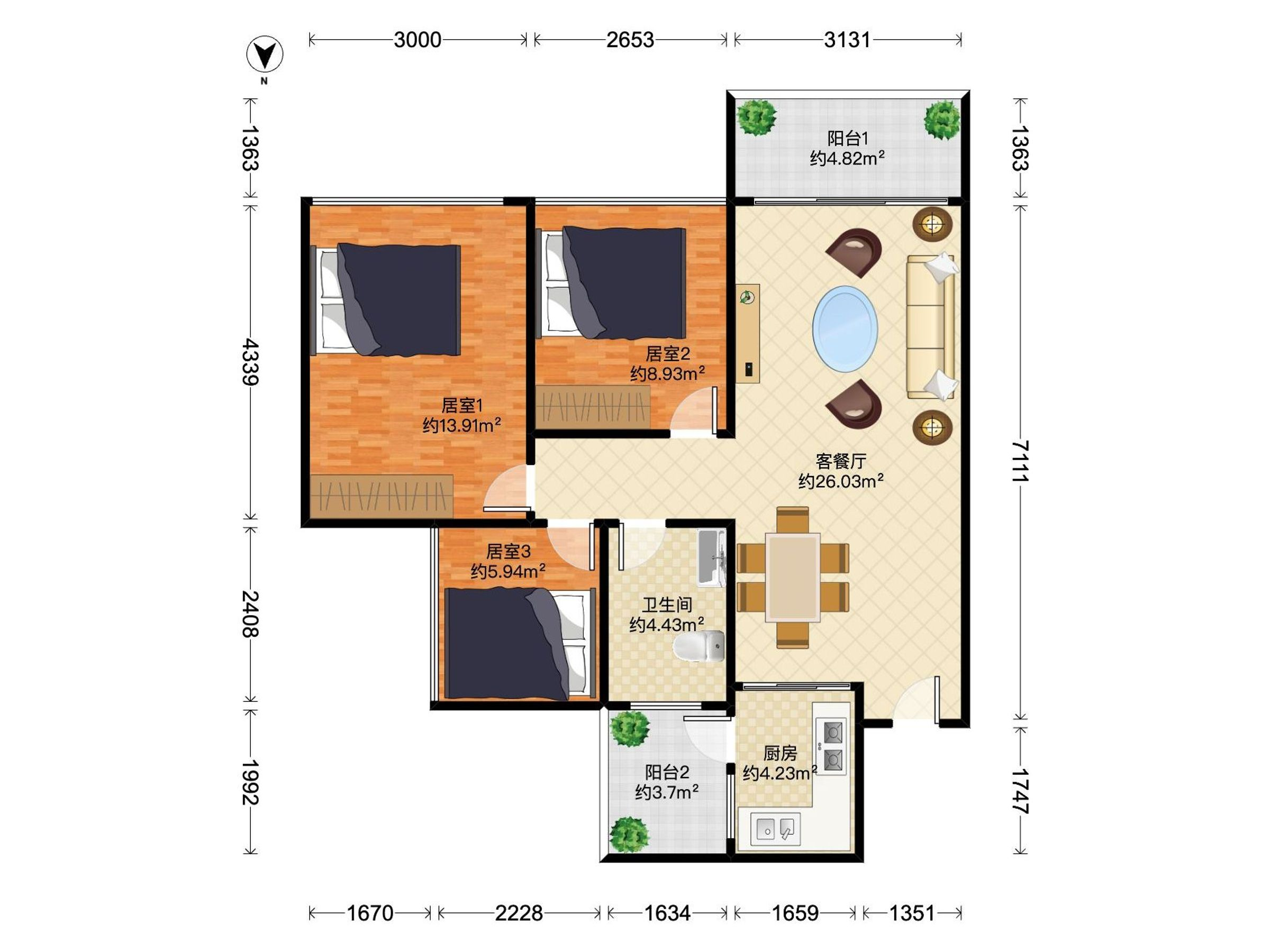 花语馨花园 3房2厅1卫 82.78㎡