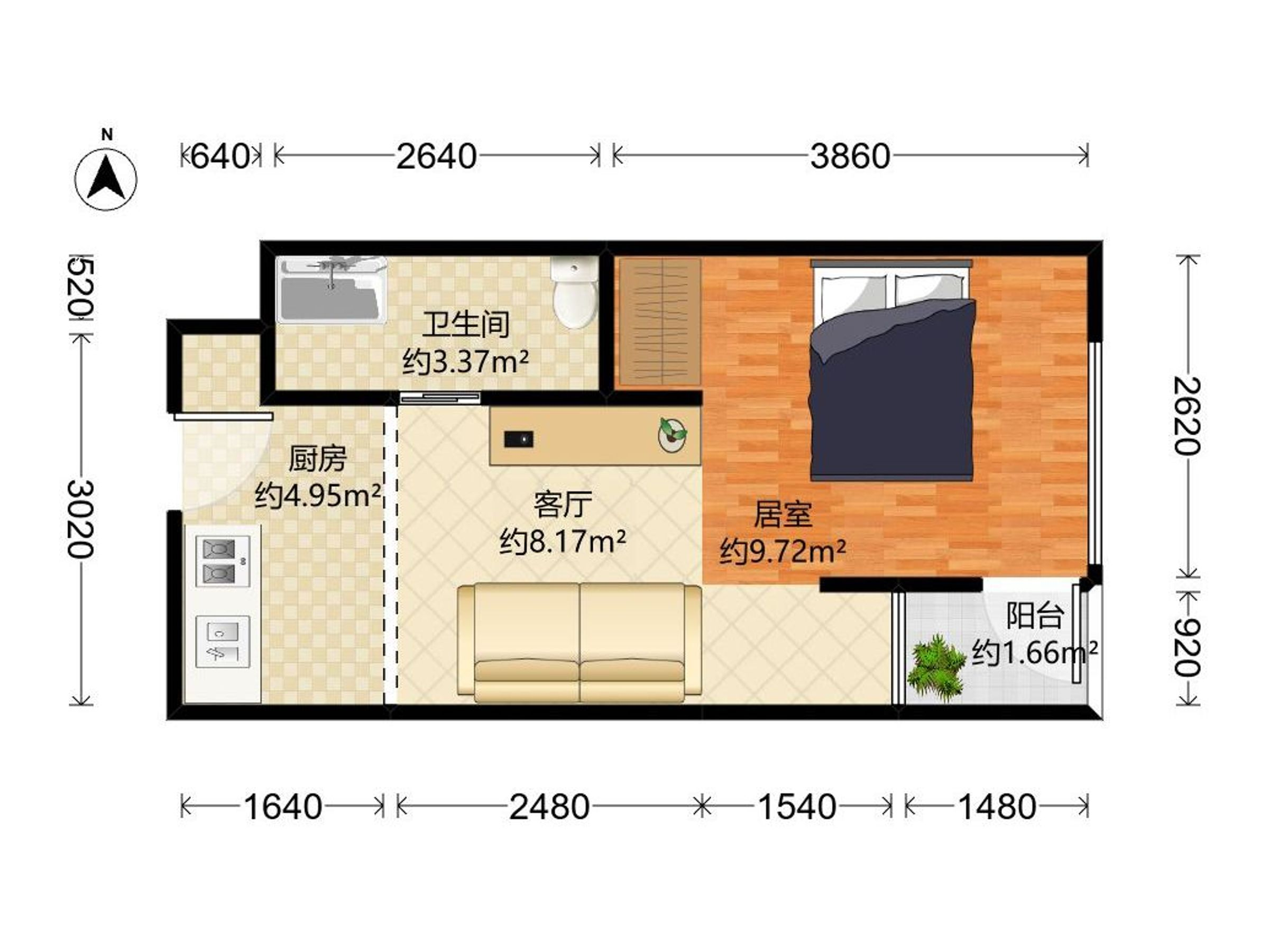 宝树台 1室1厅1卫1厨1阳 43.3 南 14