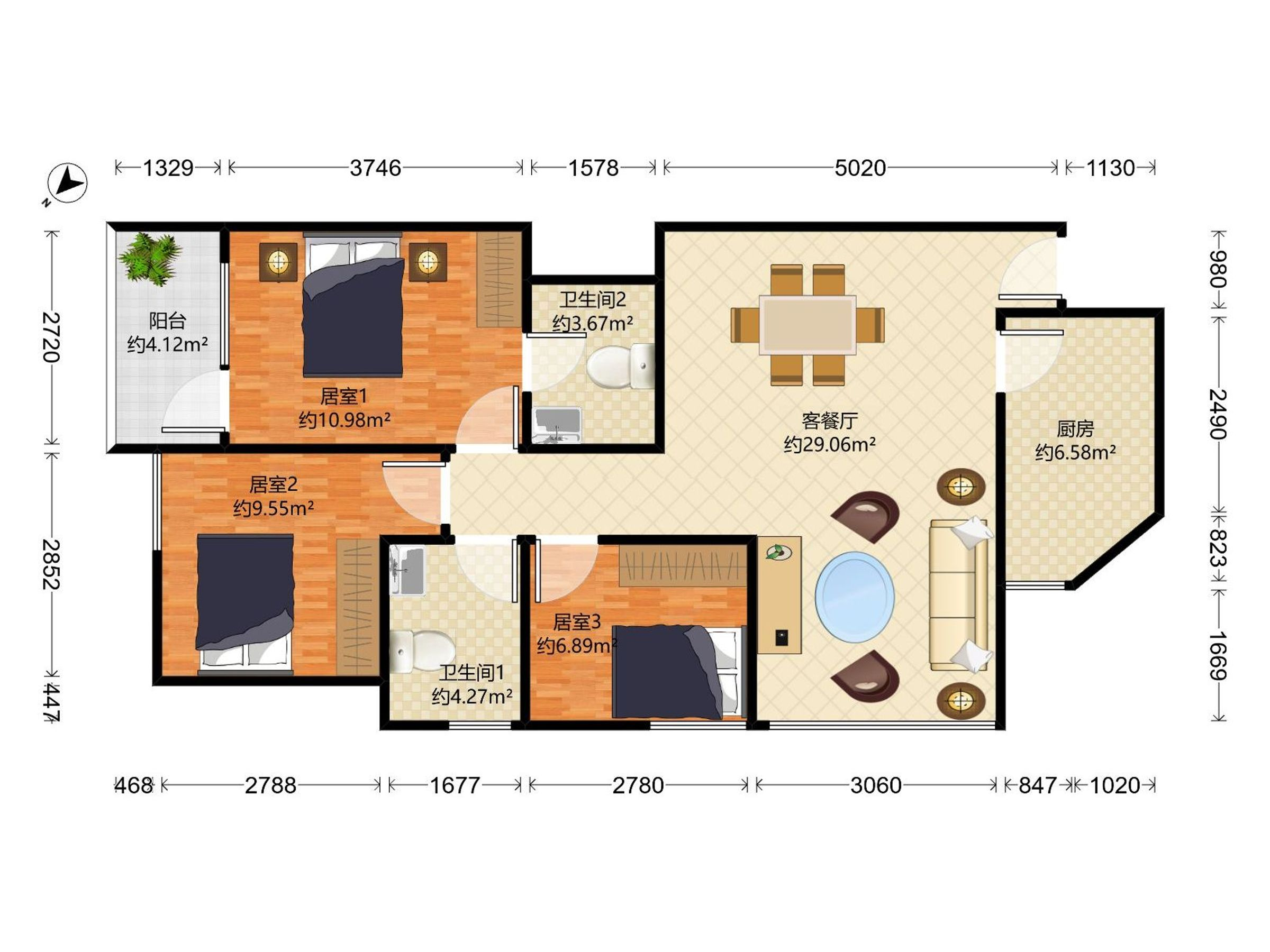 宝河大厦 3房2厅2卫 96.8㎡