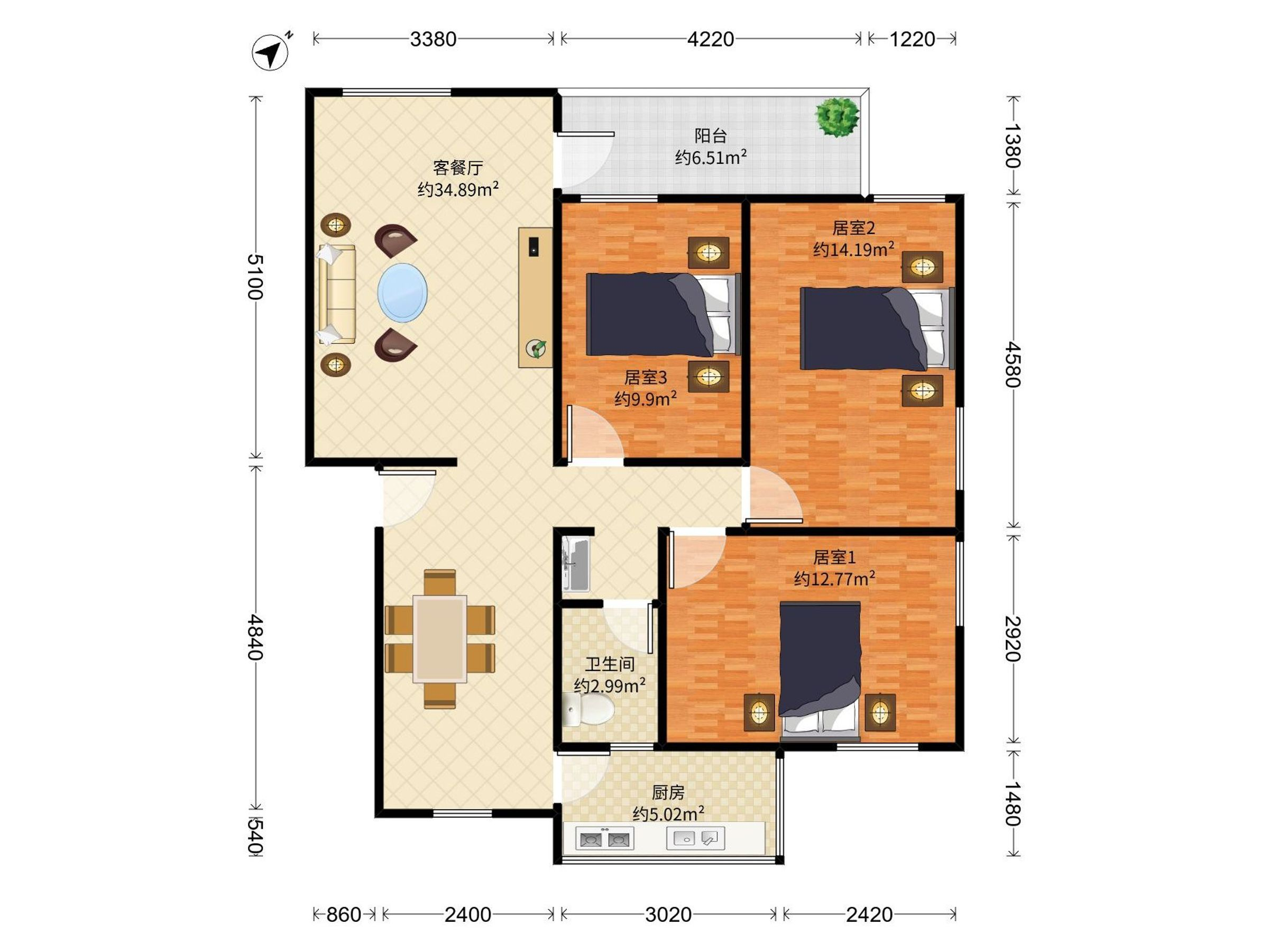 湖滨花园(宝安) 南 普装 3室 2厅 88.9m²