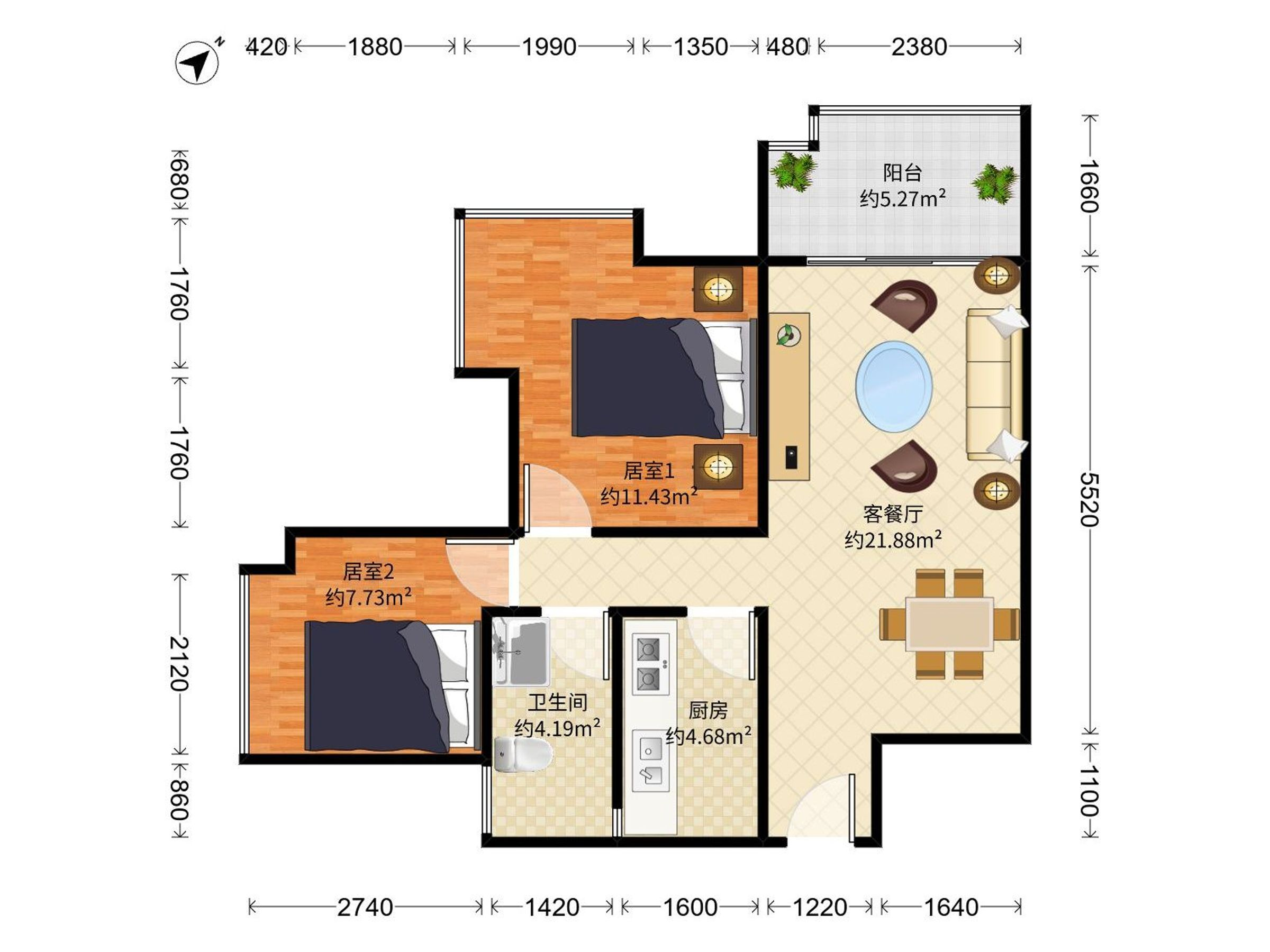 东华明珠园 2房2厅1卫 65.99㎡