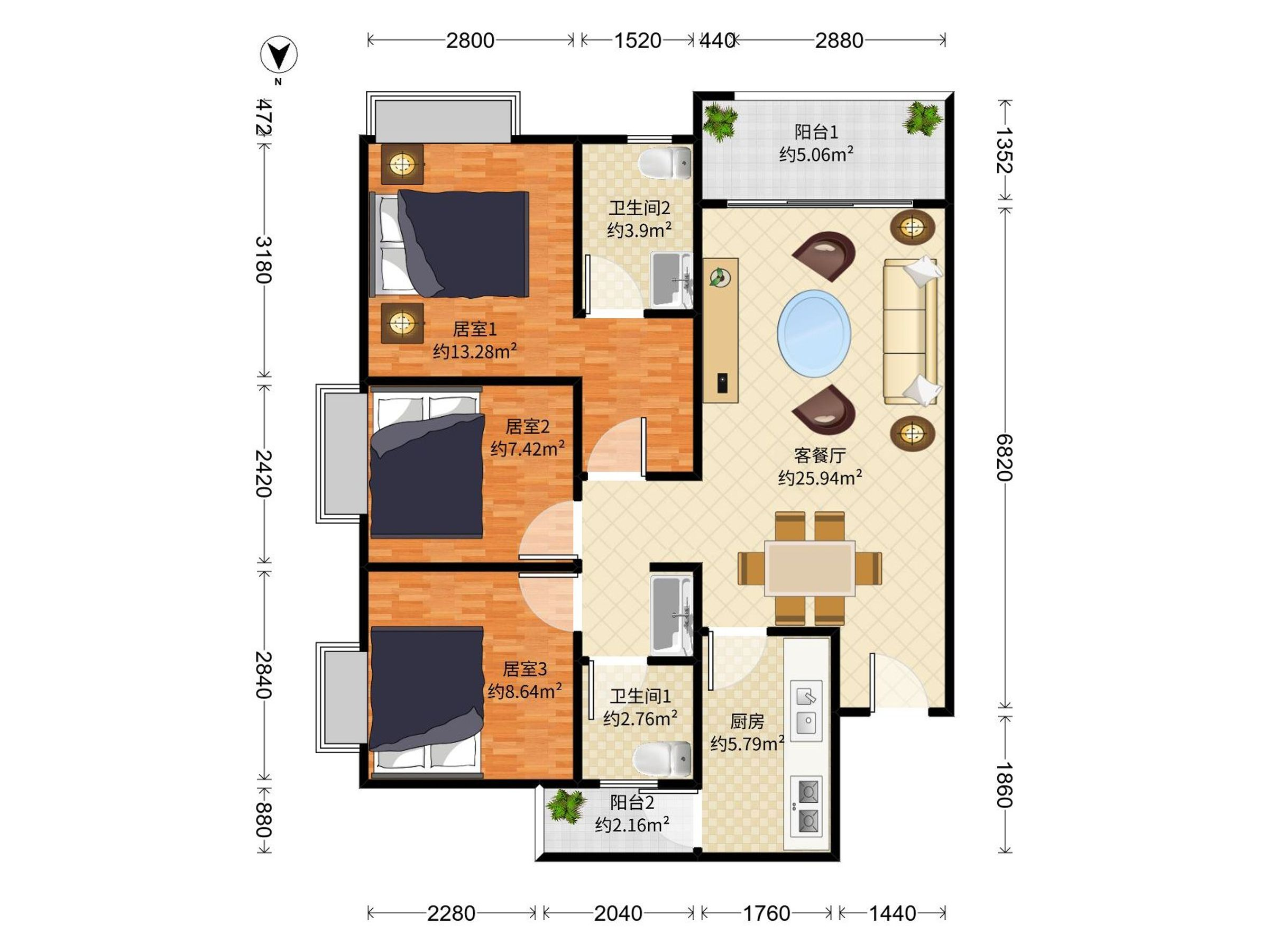广州融创文旅城B1区 3房2厅2卫 99㎡
