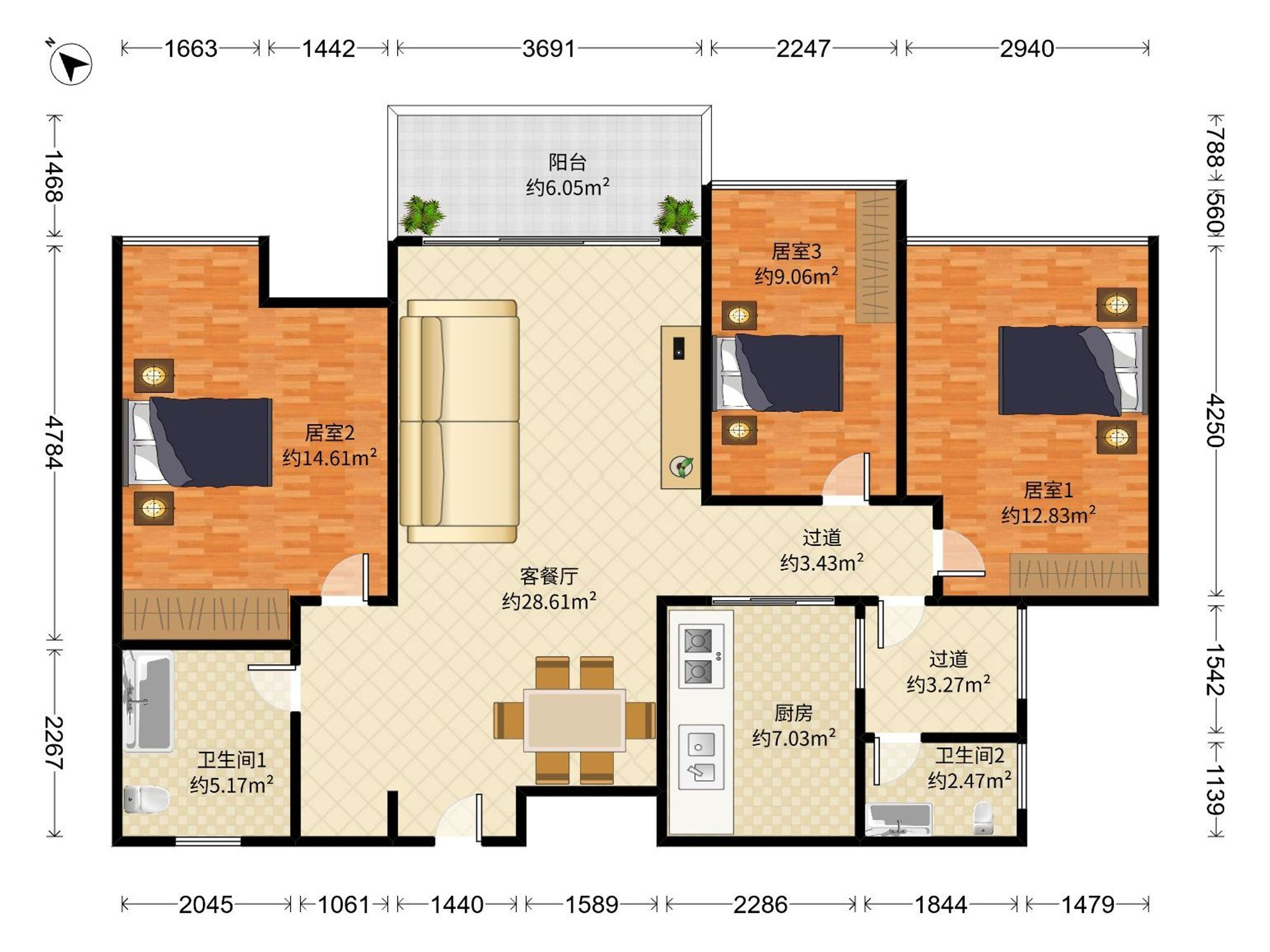 汉京湾雅居 3房2厅2卫 76.57㎡