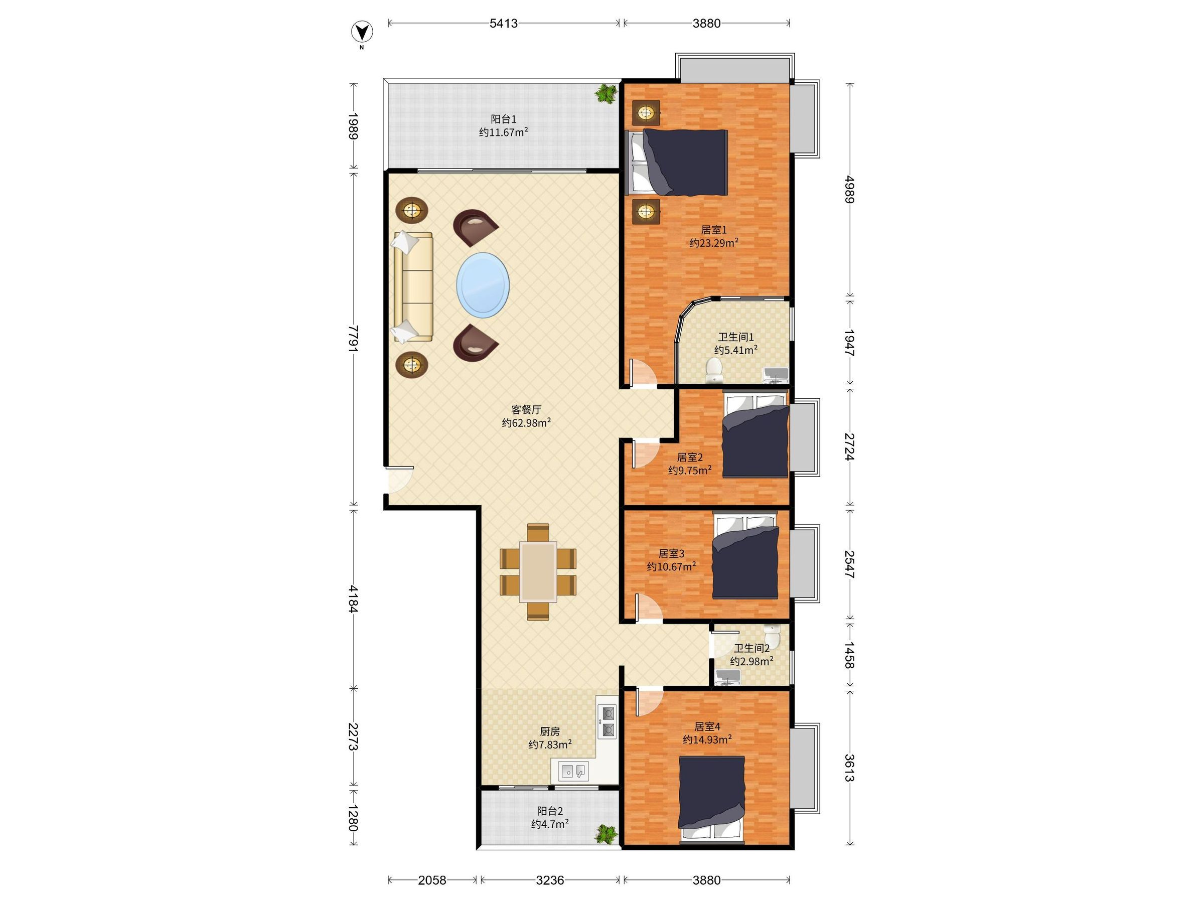 泊岸雅苑 4房2厅2卫 159㎡