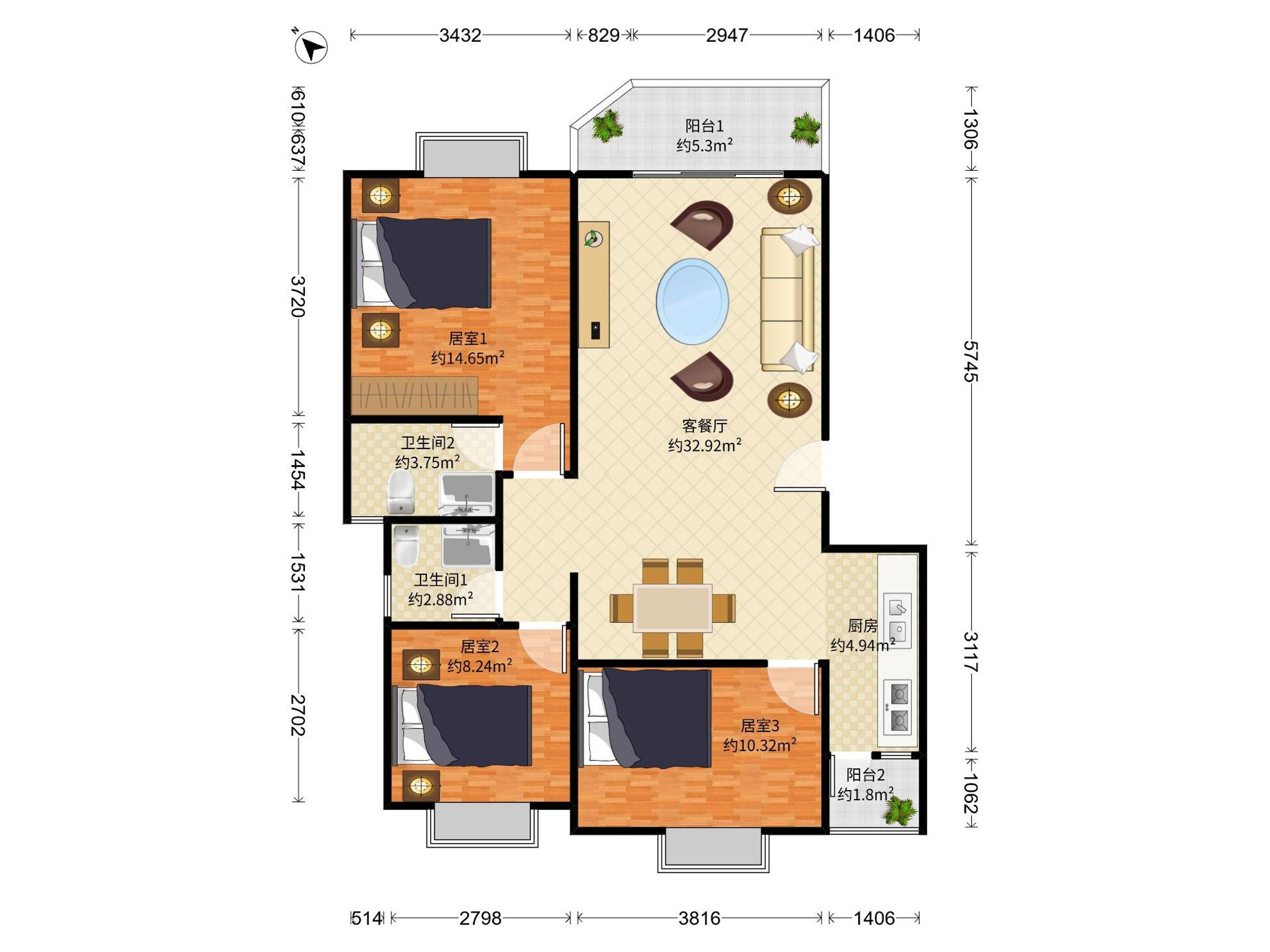 美丽365花园 3房2厅2卫 95.41㎡