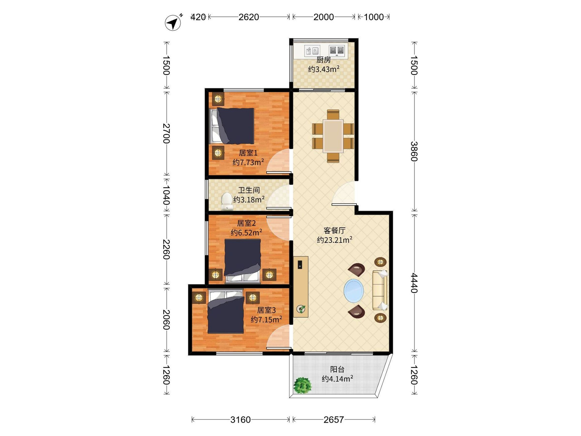 华天花园 南 精装 3室 2厅 65m²
