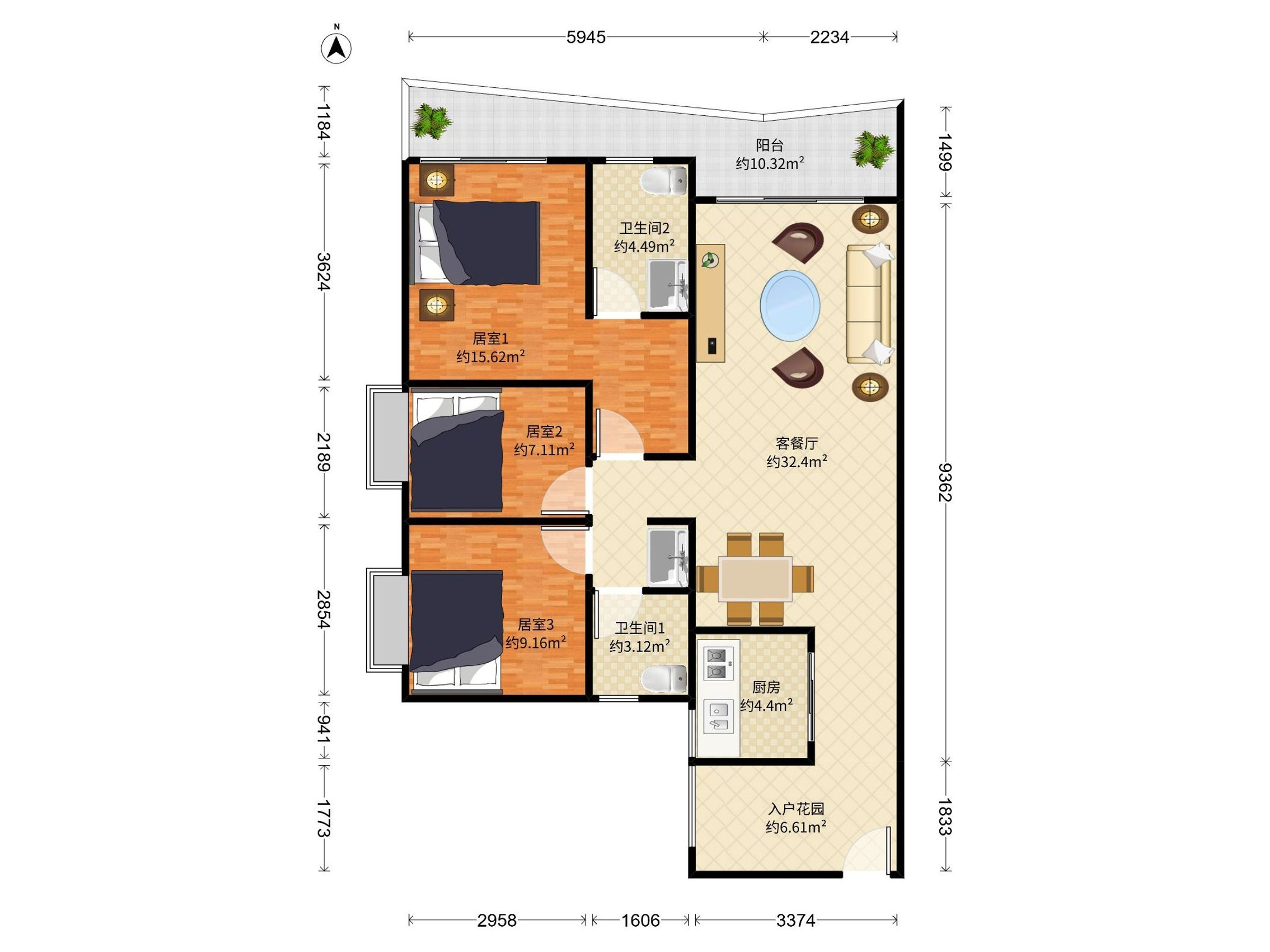 森岛湖畔花园 3房2厅2卫 108㎡