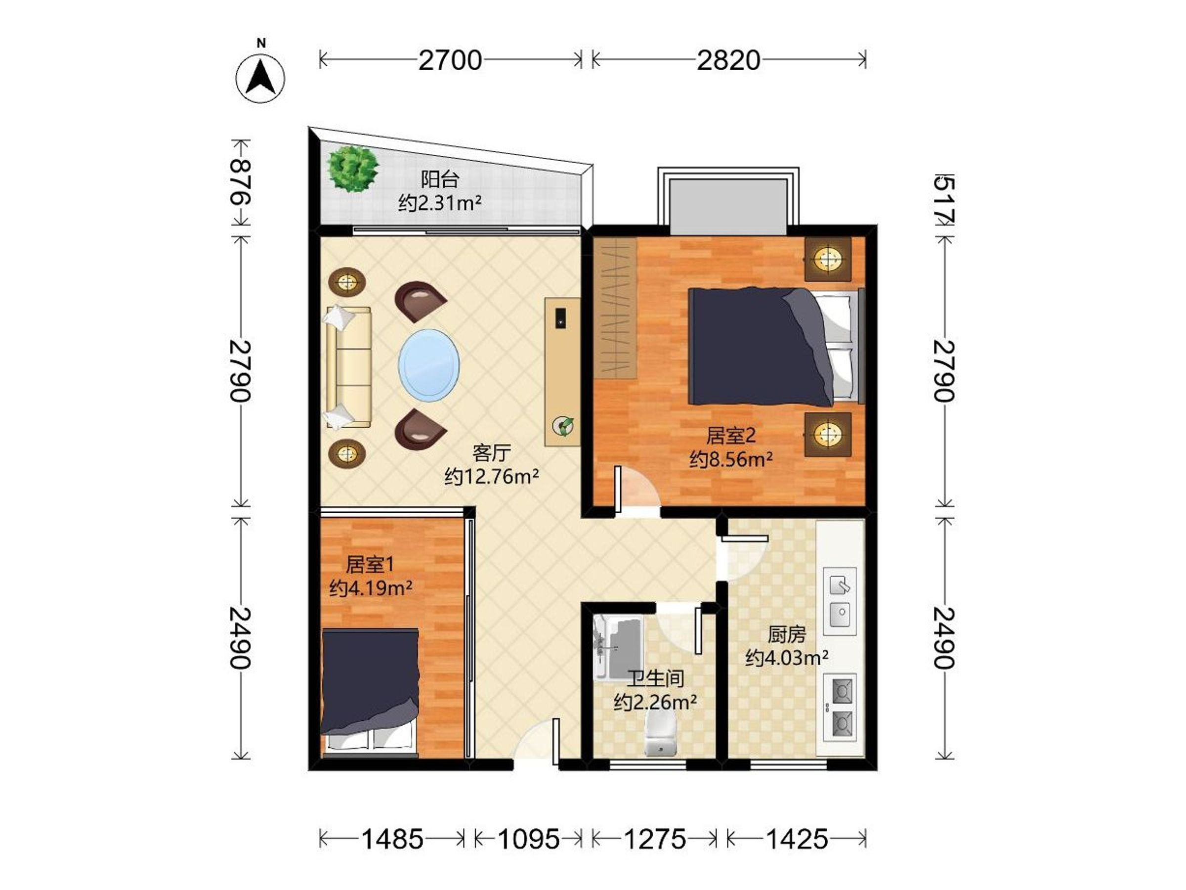 南山豪庭 2房1厅1卫 44.95㎡