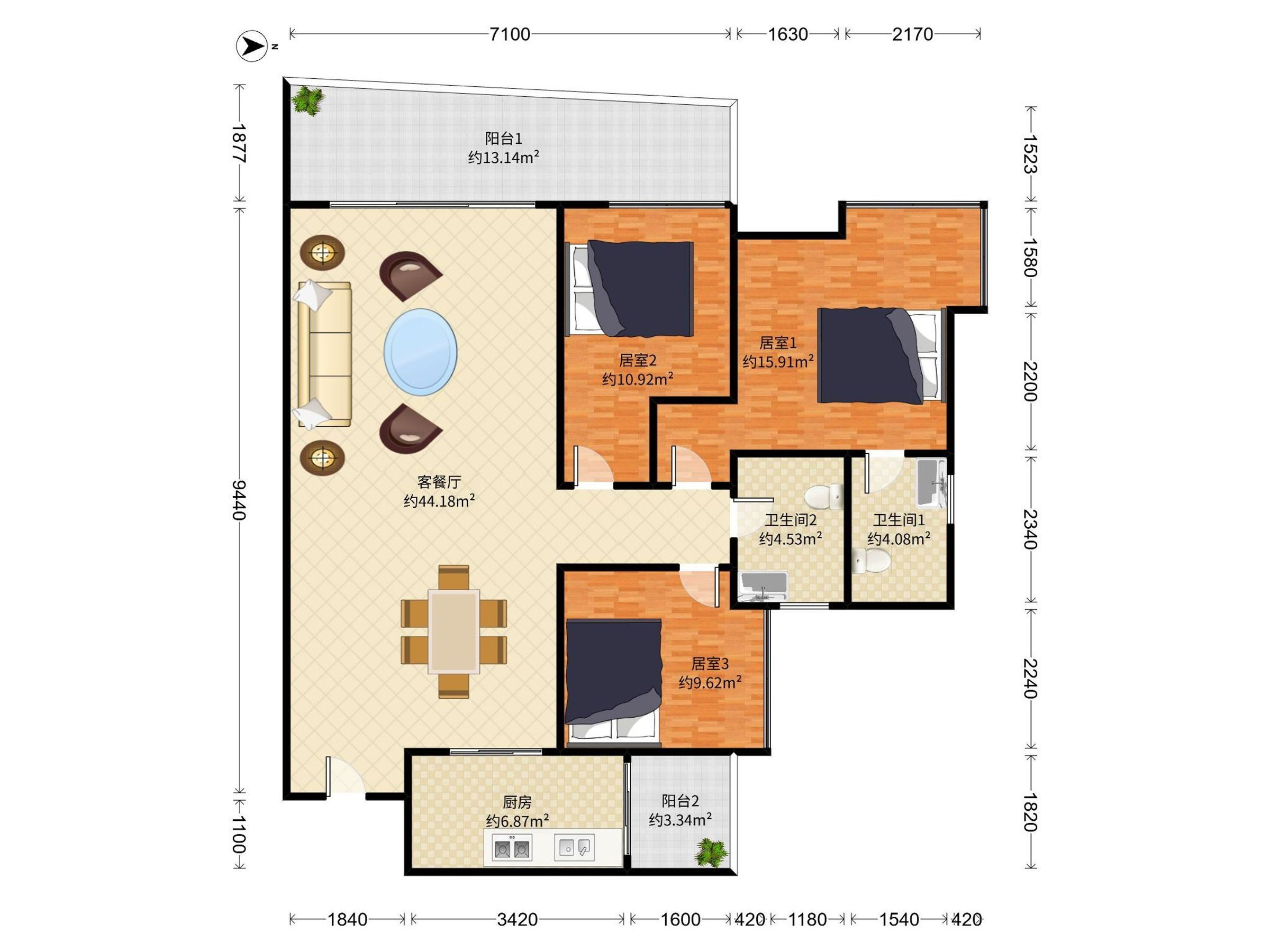 东方尊峪 3房2厅2卫 126.81㎡