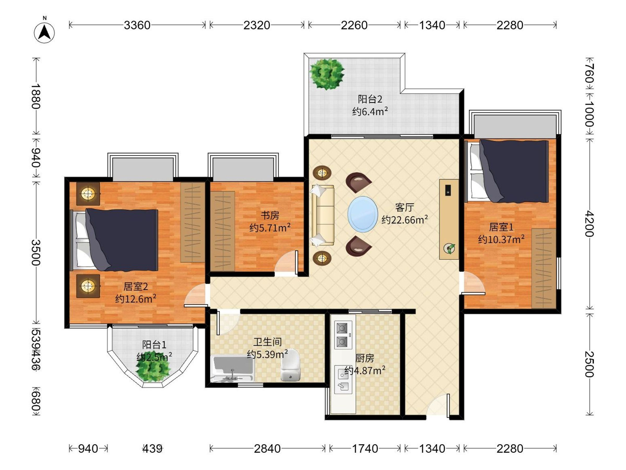 豪方现代豪园 3房1厅1卫 86.25㎡