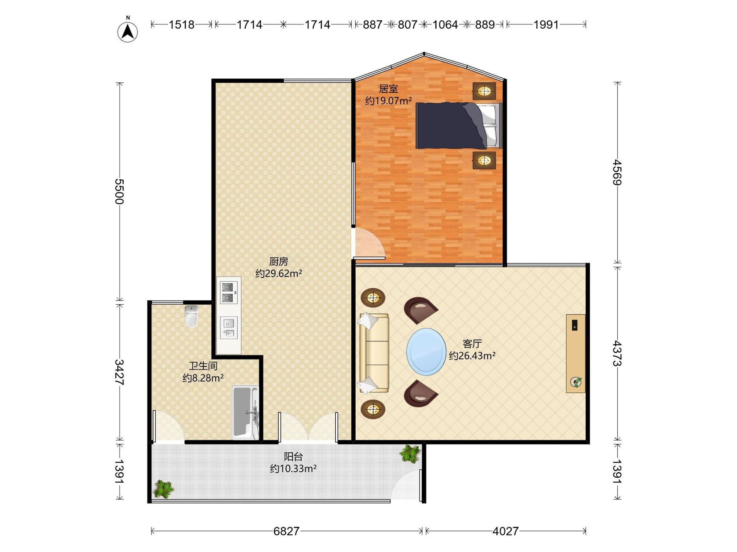 梅州大厦 1房1厅1卫 47.91㎡