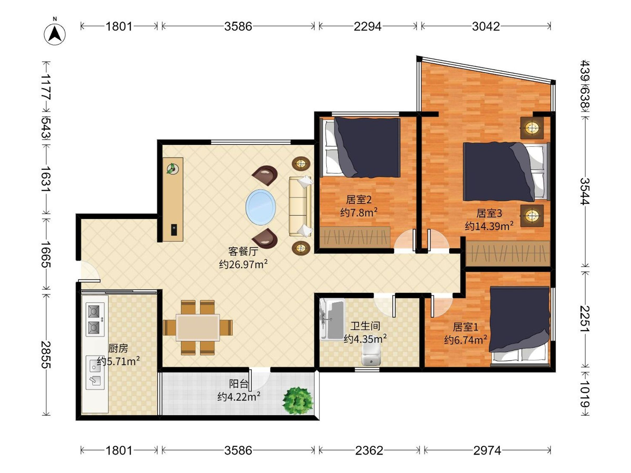 海晖大厦 3房2厅1卫 98.44㎡