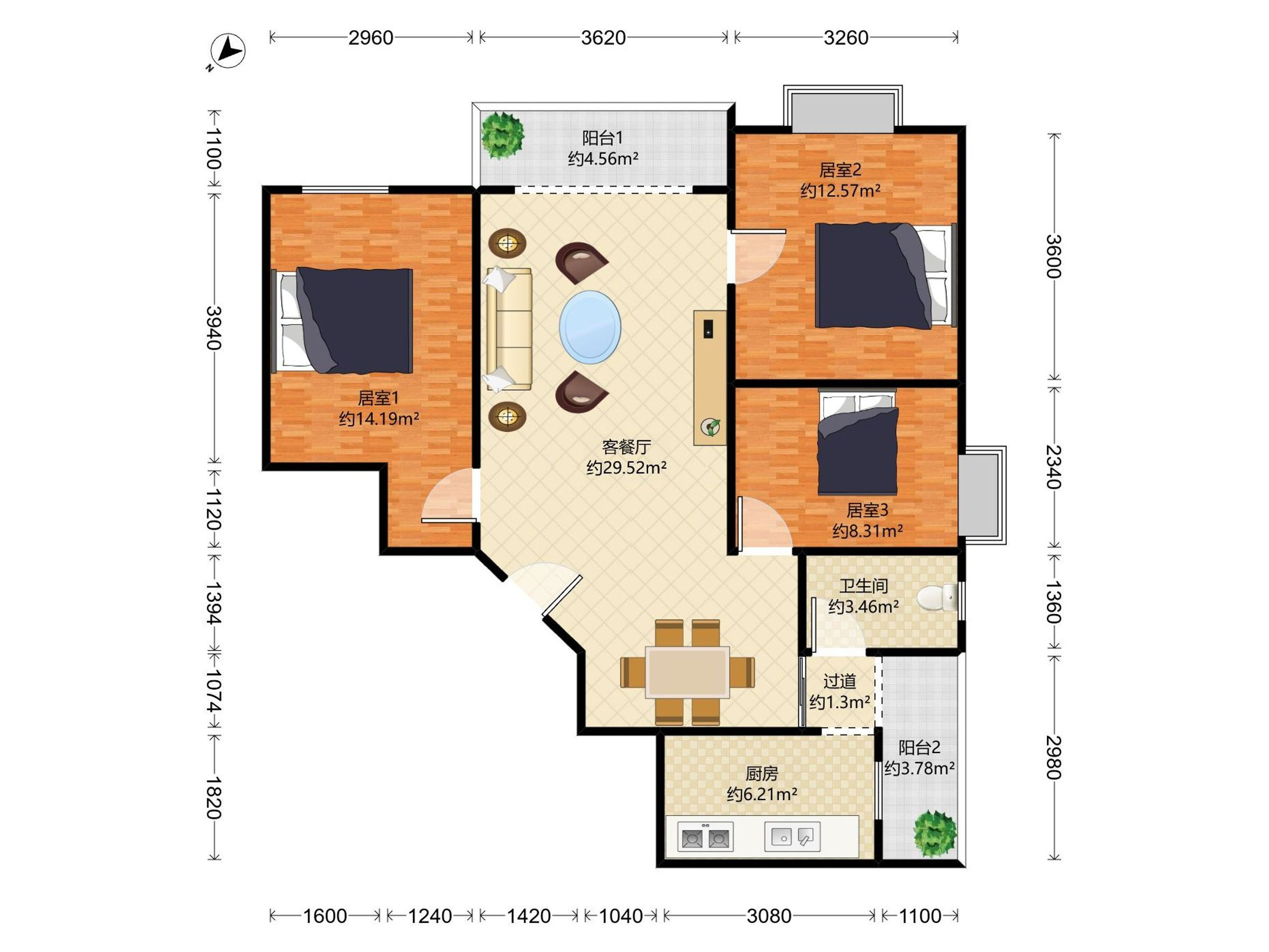 桃源居12区 3房2厅1卫 94.3㎡