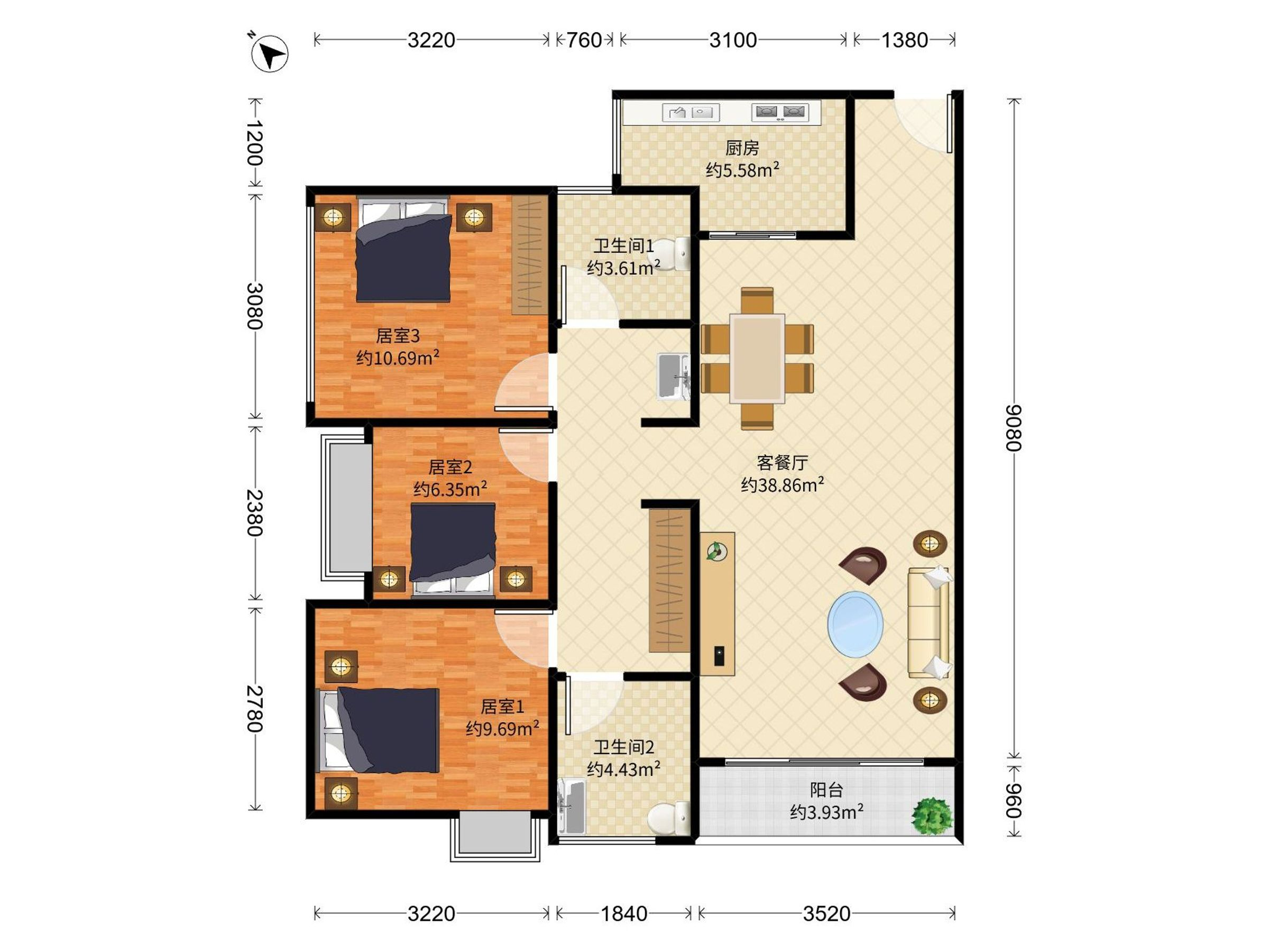 富士君悦府 3房2厅2卫 100.42㎡