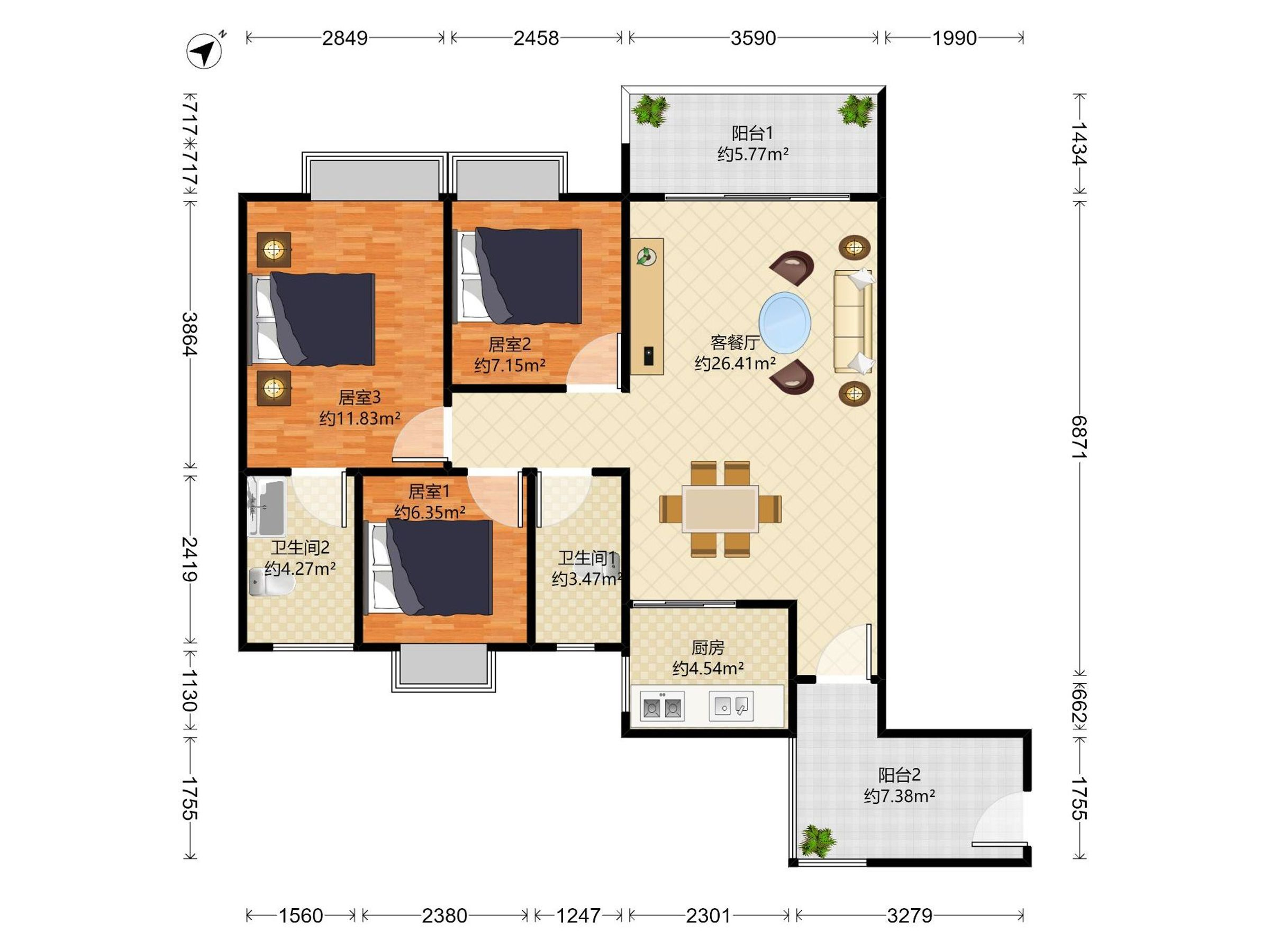 中间楼层，三房，看湖景