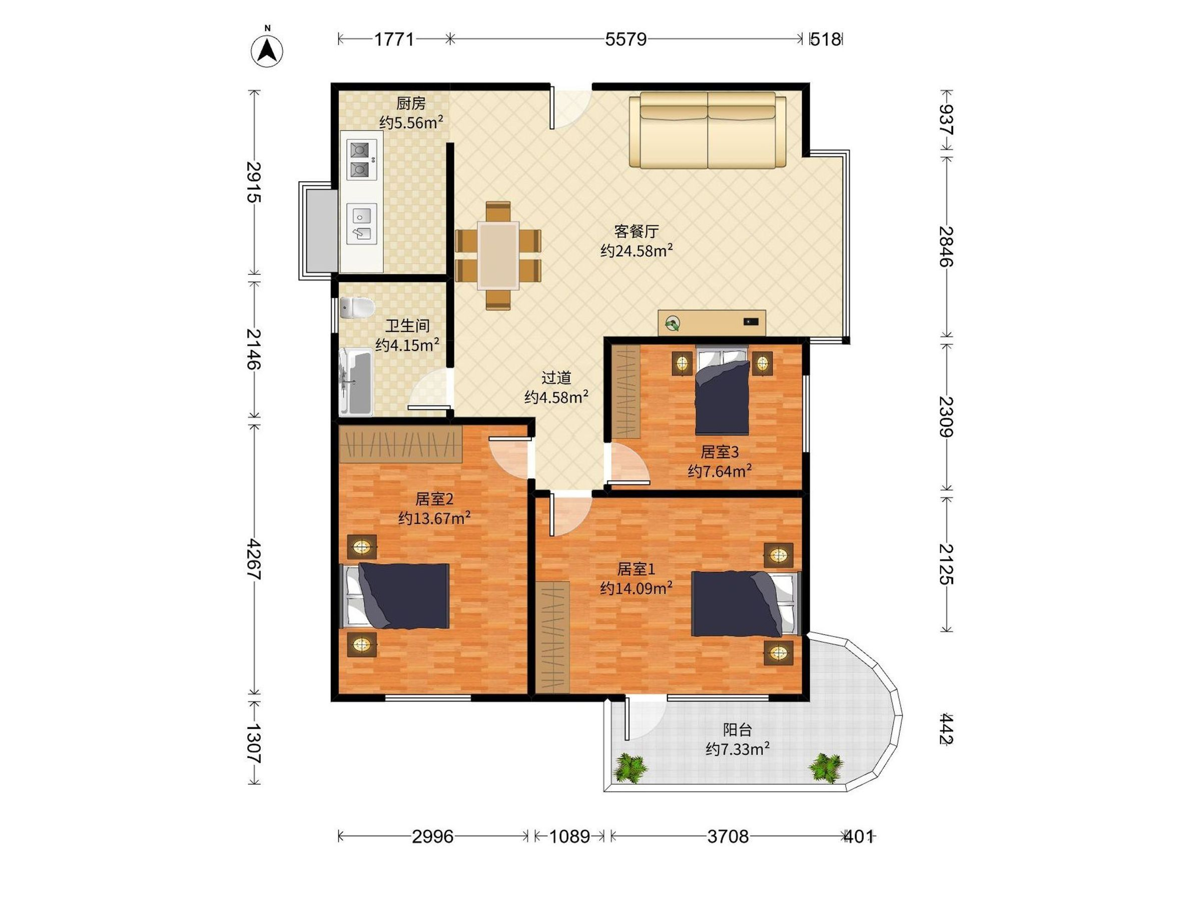 下步庙北区 3房2厅1卫 84.78㎡