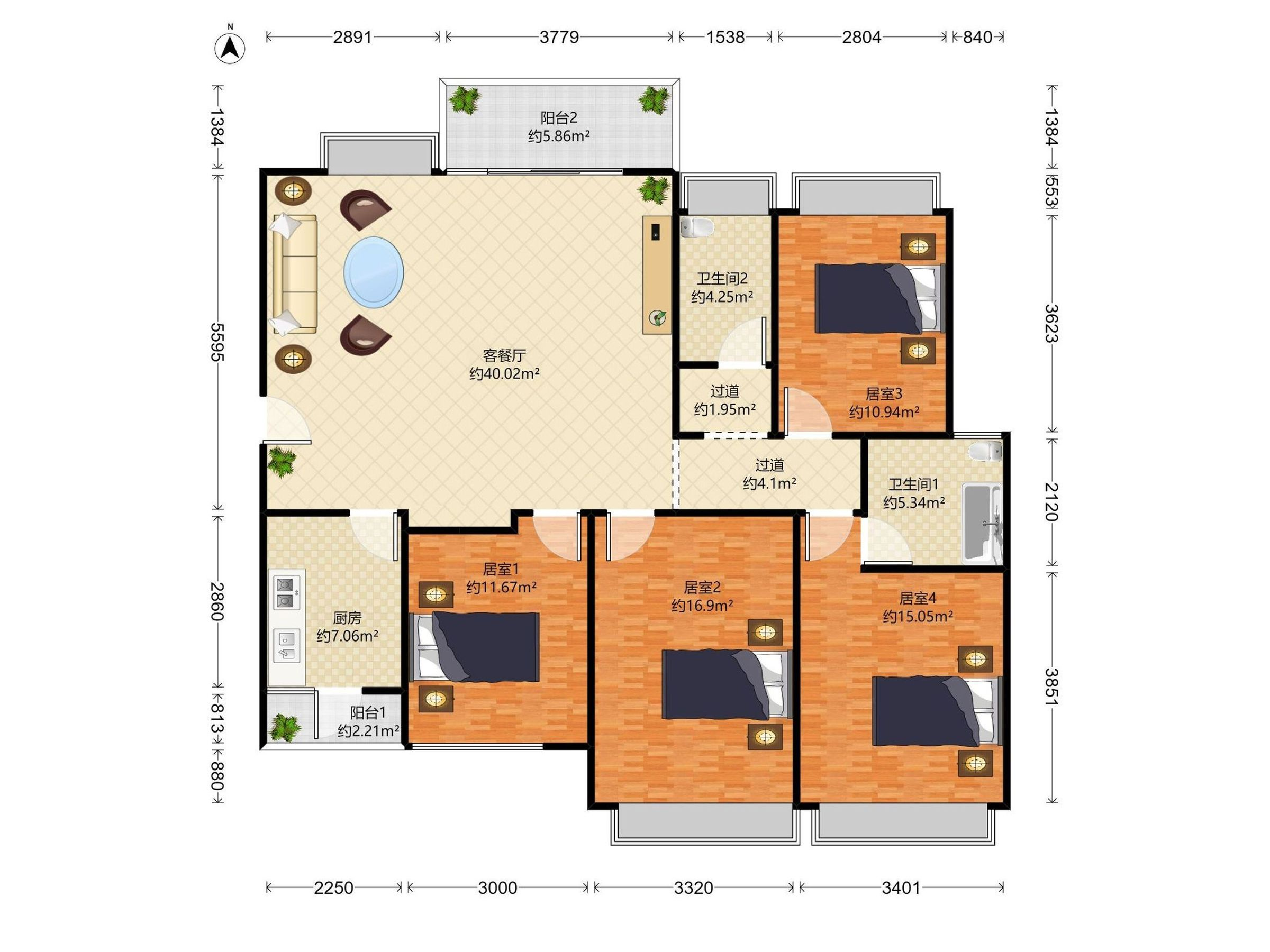 中洲中央公园一期 4房2厅2卫 148㎡